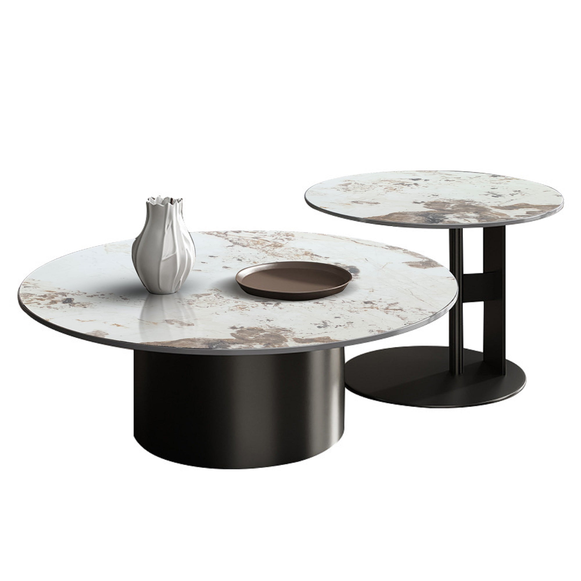 Modern Black & Gold Nesting Coffee Table Set with Sintered Stone & Metal