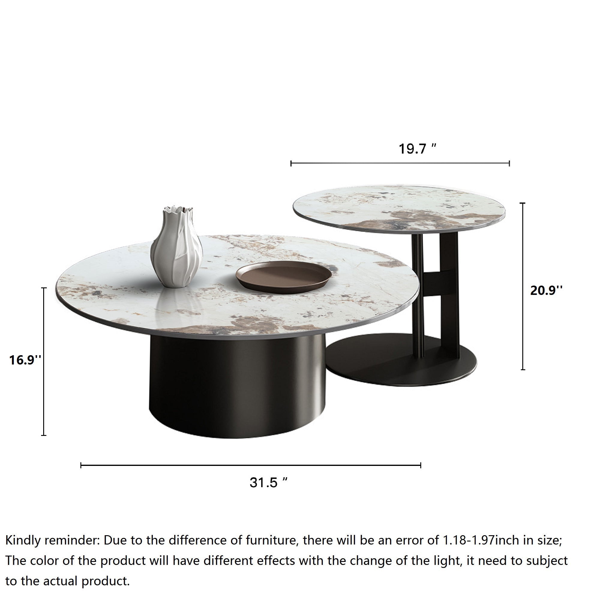 Modern Black & Gold Nesting Coffee Table Set with Sintered Stone & Metal
