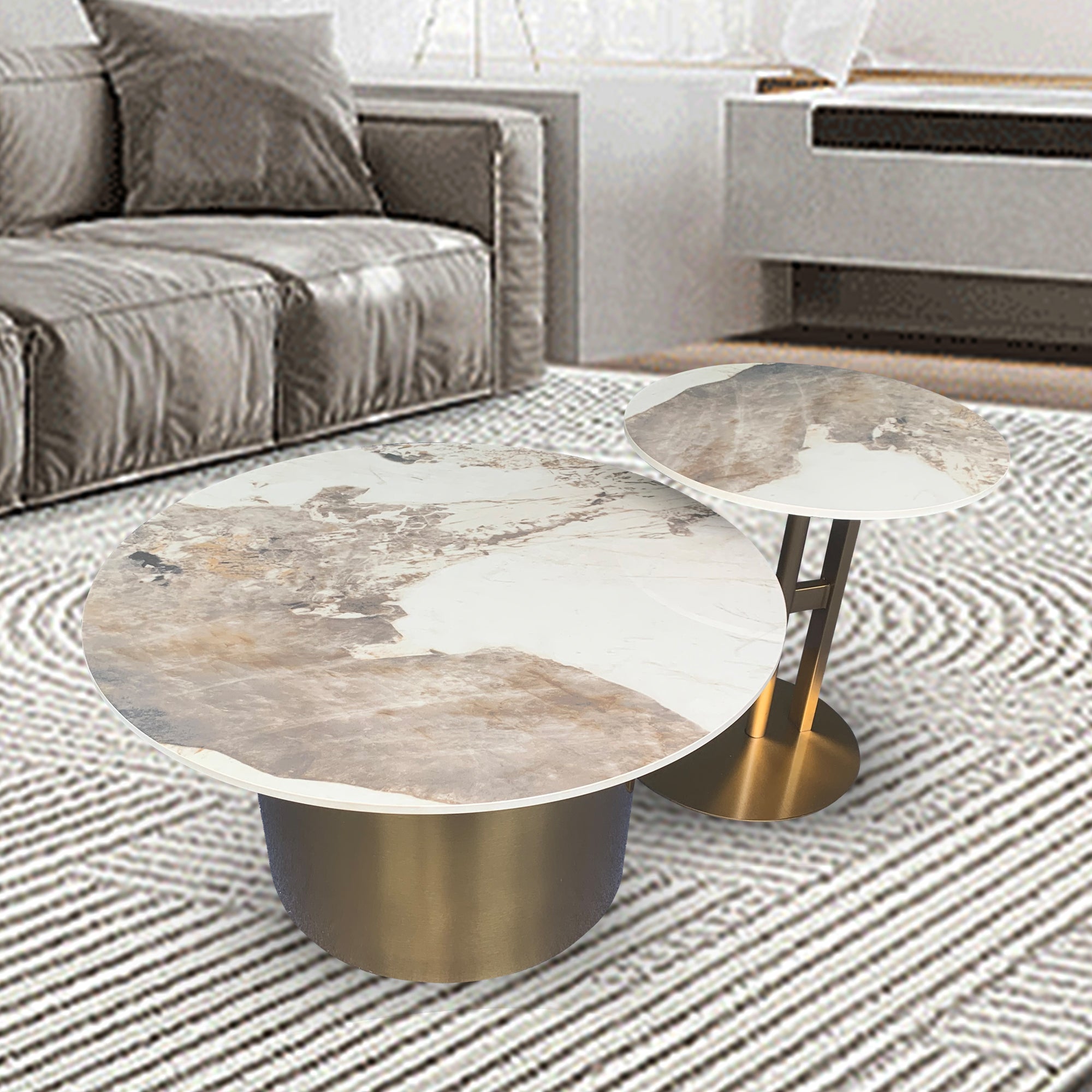 Modern Black & Gold Nesting Coffee Table Set with Sintered Stone & Metal