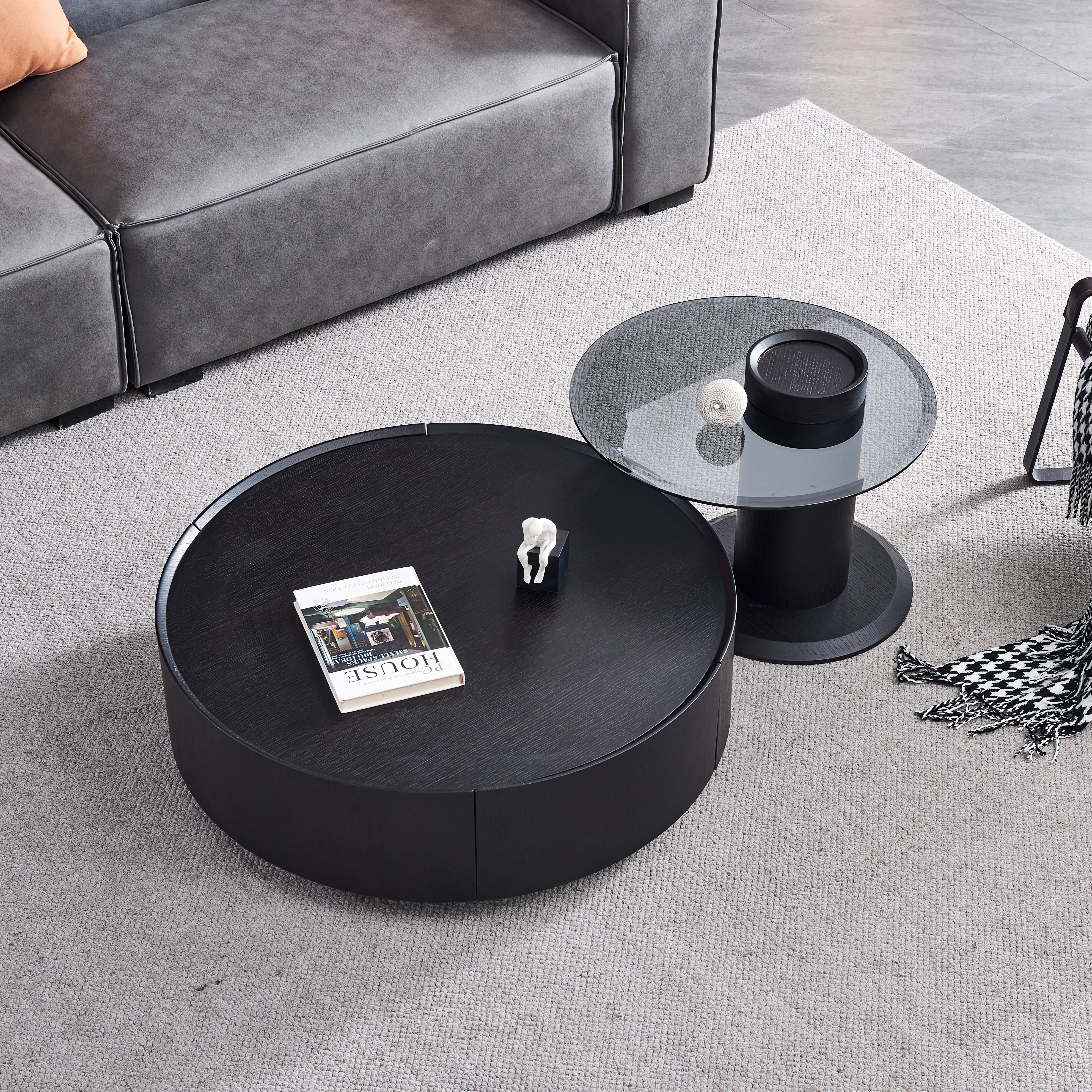 Black & Grey Round Nesting Coffee Table Set with Storage & Tempered Glass
