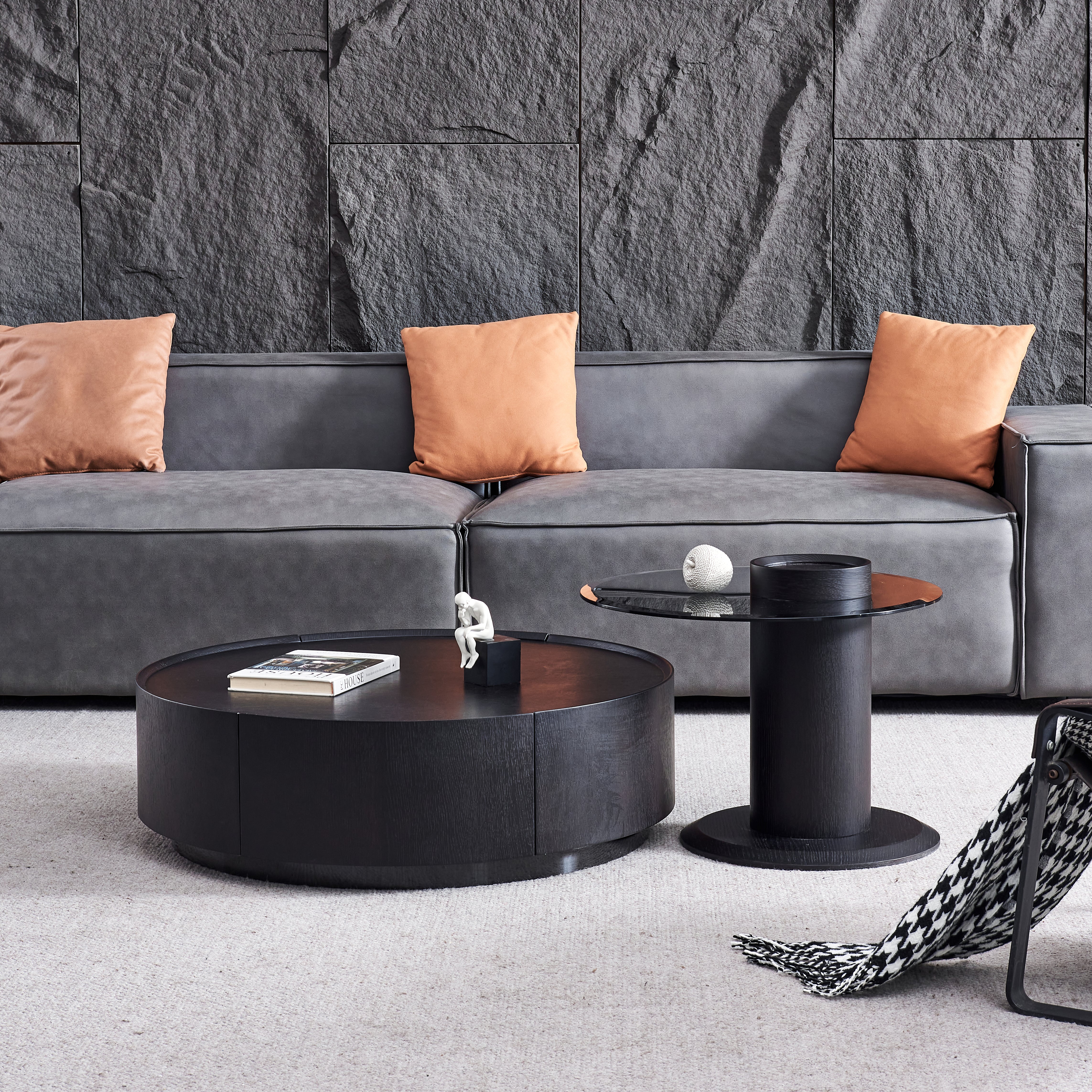 Modern Black & Grey Nesting Coffee Table Set with Storage Drawers & Tempered Glass