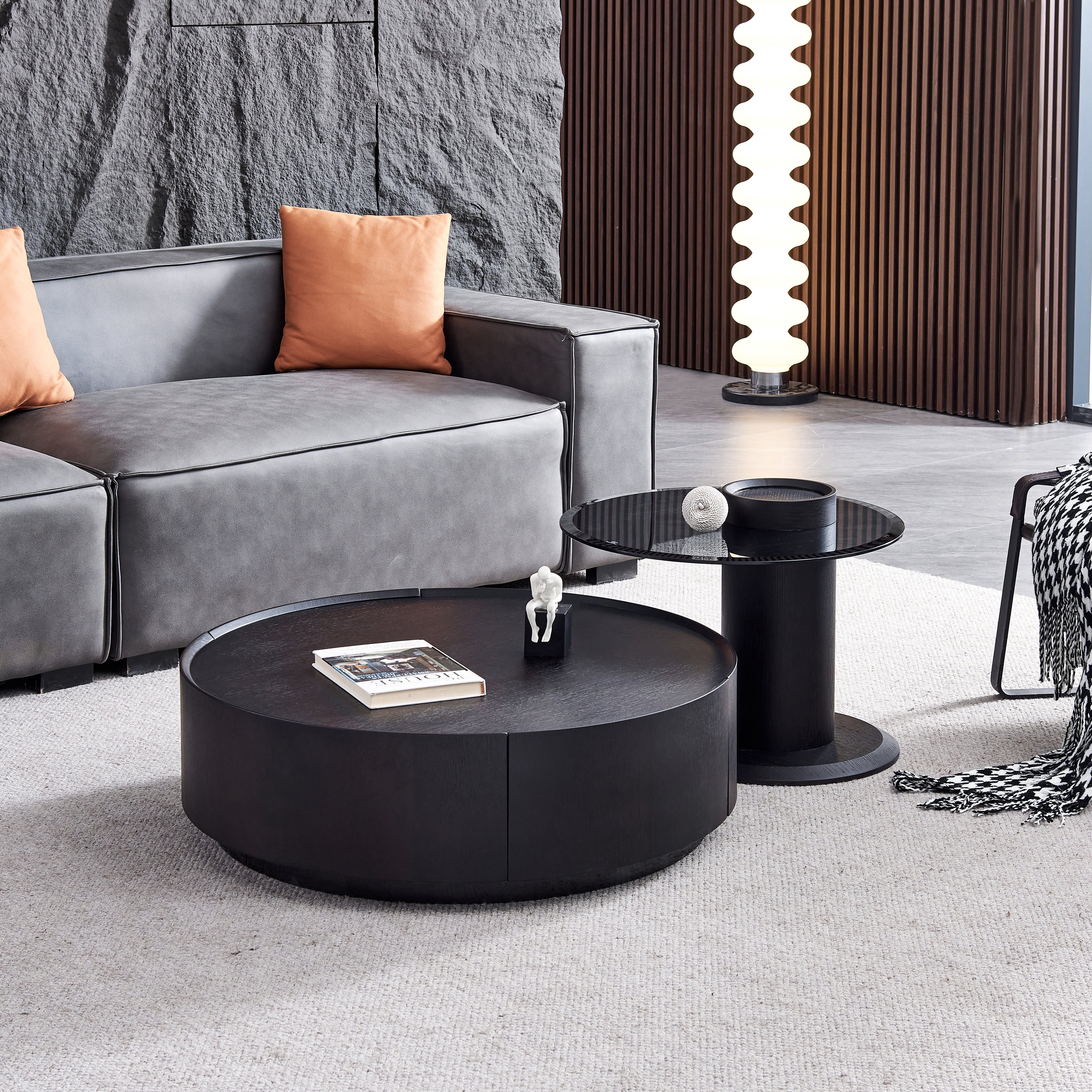 Modern Black & Grey Nesting Coffee Table Set with Storage Drawers & Tempered Glass