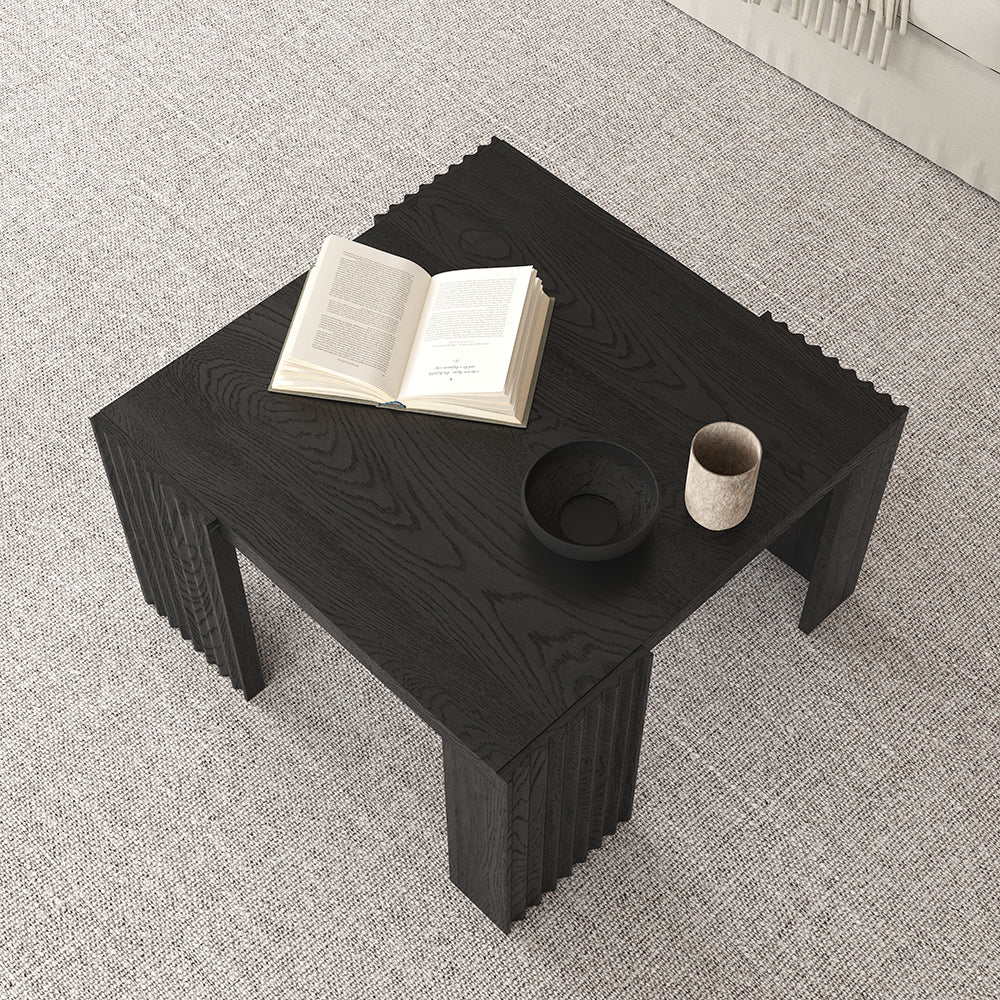 WEHOMZ Minimalist Black Square Coffee Table with Fluted Edges – Engineered Wood