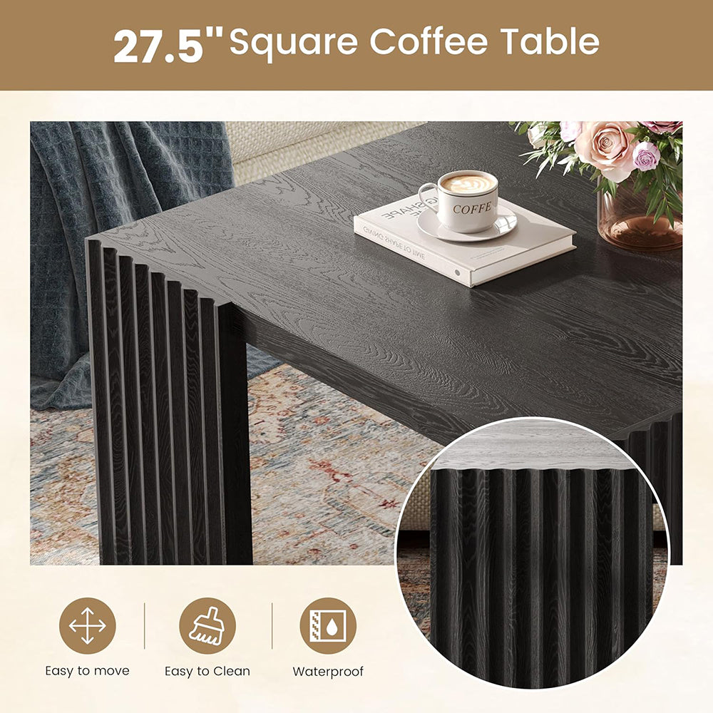 WEHOMZ Minimalist Black Square Coffee Table with Fluted Edges – Engineered Wood