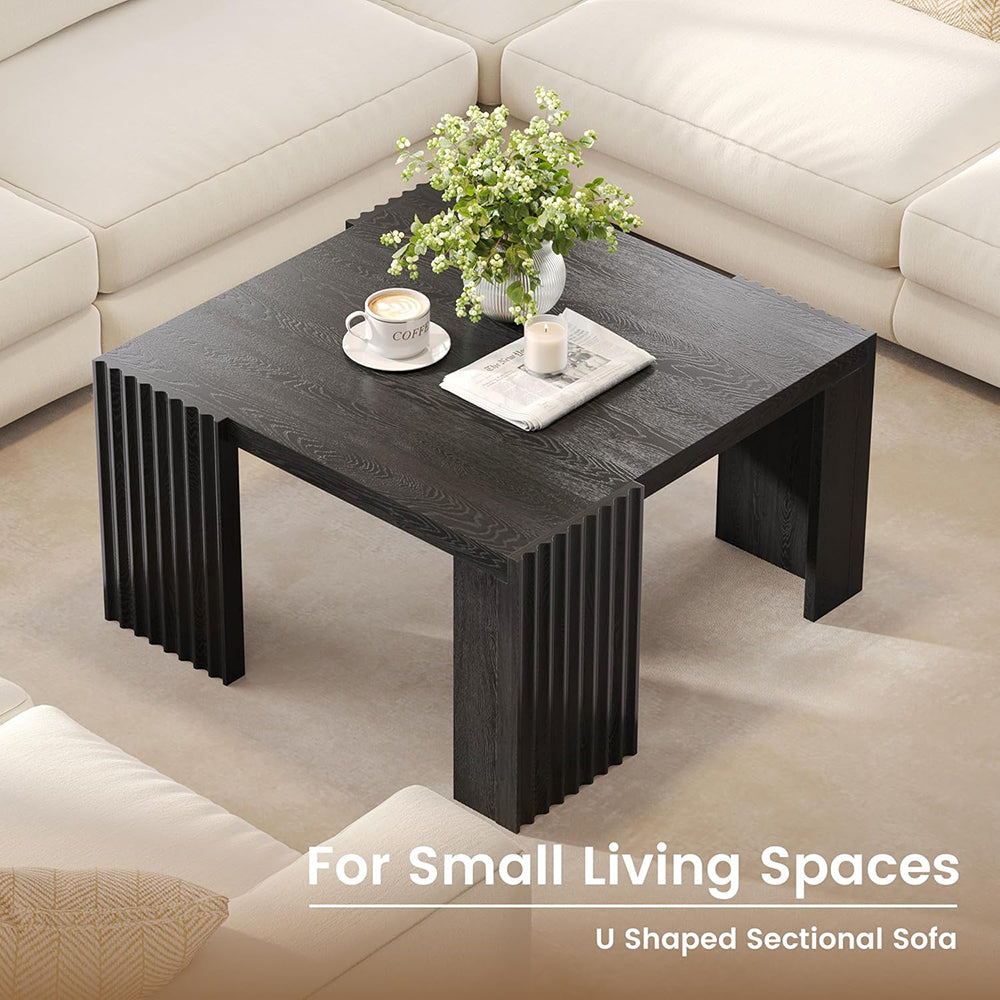 WEHOMZ Minimalist Black Square Coffee Table with Fluted Edges – Engineered Wood