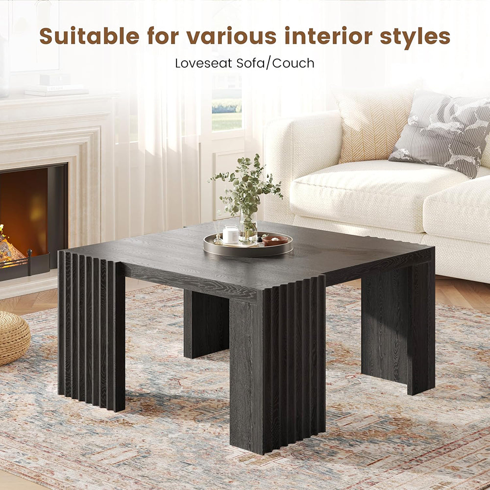 WEHOMZ Minimalist Black Square Coffee Table with Fluted Edges – Engineered Wood
