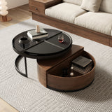 Table basse ronde moderne noir et noyer avec rotation à 360 degrés et dessus en verre