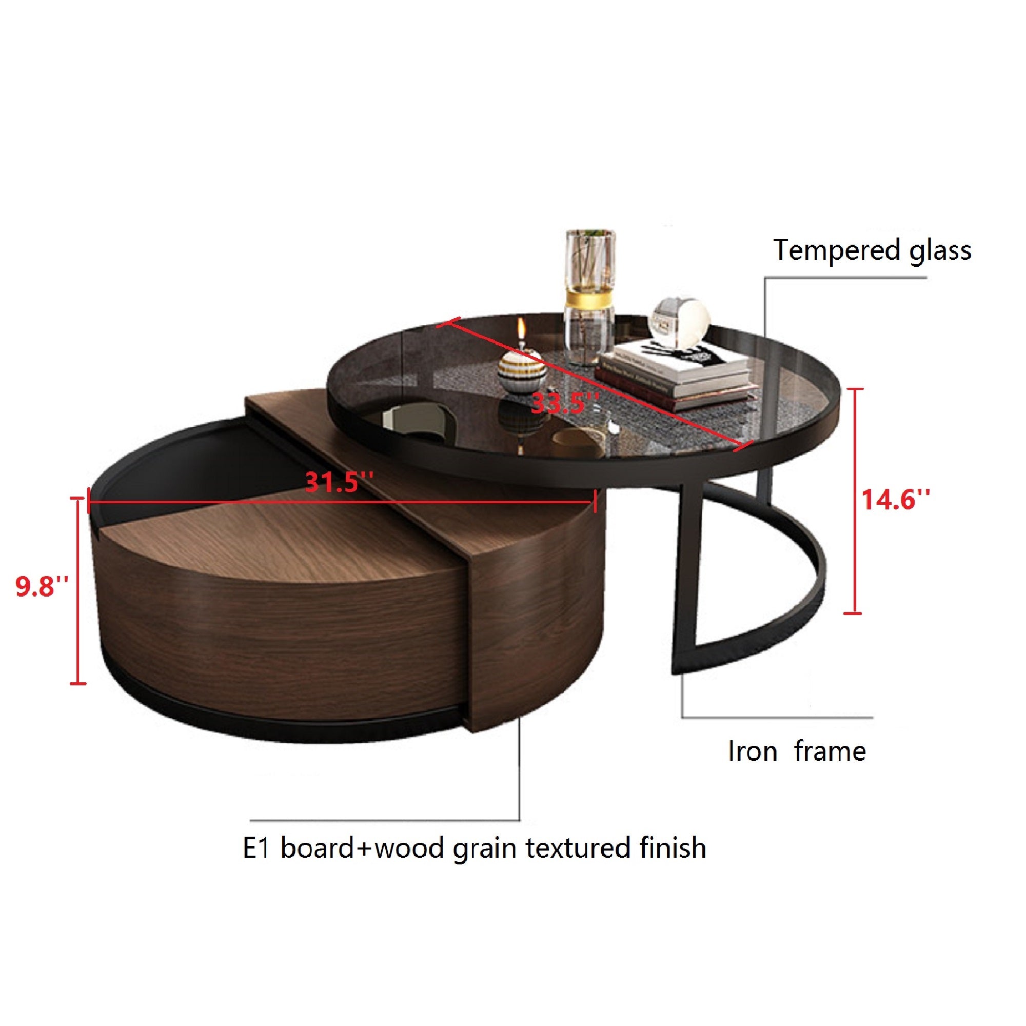 Modern Black & Walnut Round Coffee Table with 360-Degree Rotation & Glass Top