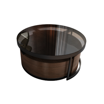 Modern Black & Walnut Round Coffee Table with 360-Degree Rotation & Glass Top