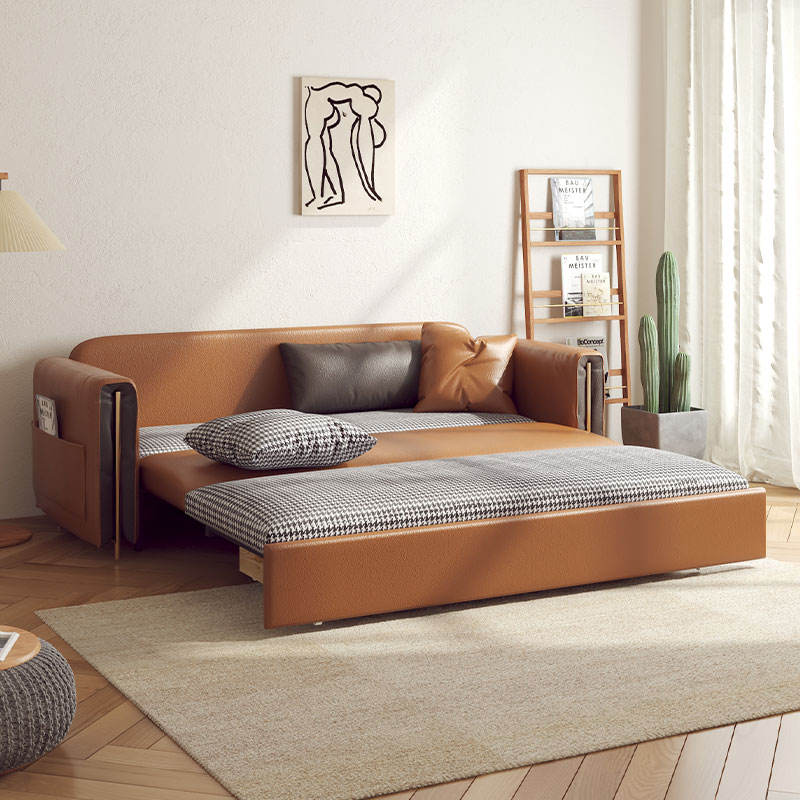 Brown Leather Convertible Sleeper Sofa with Storage & Comfort Design