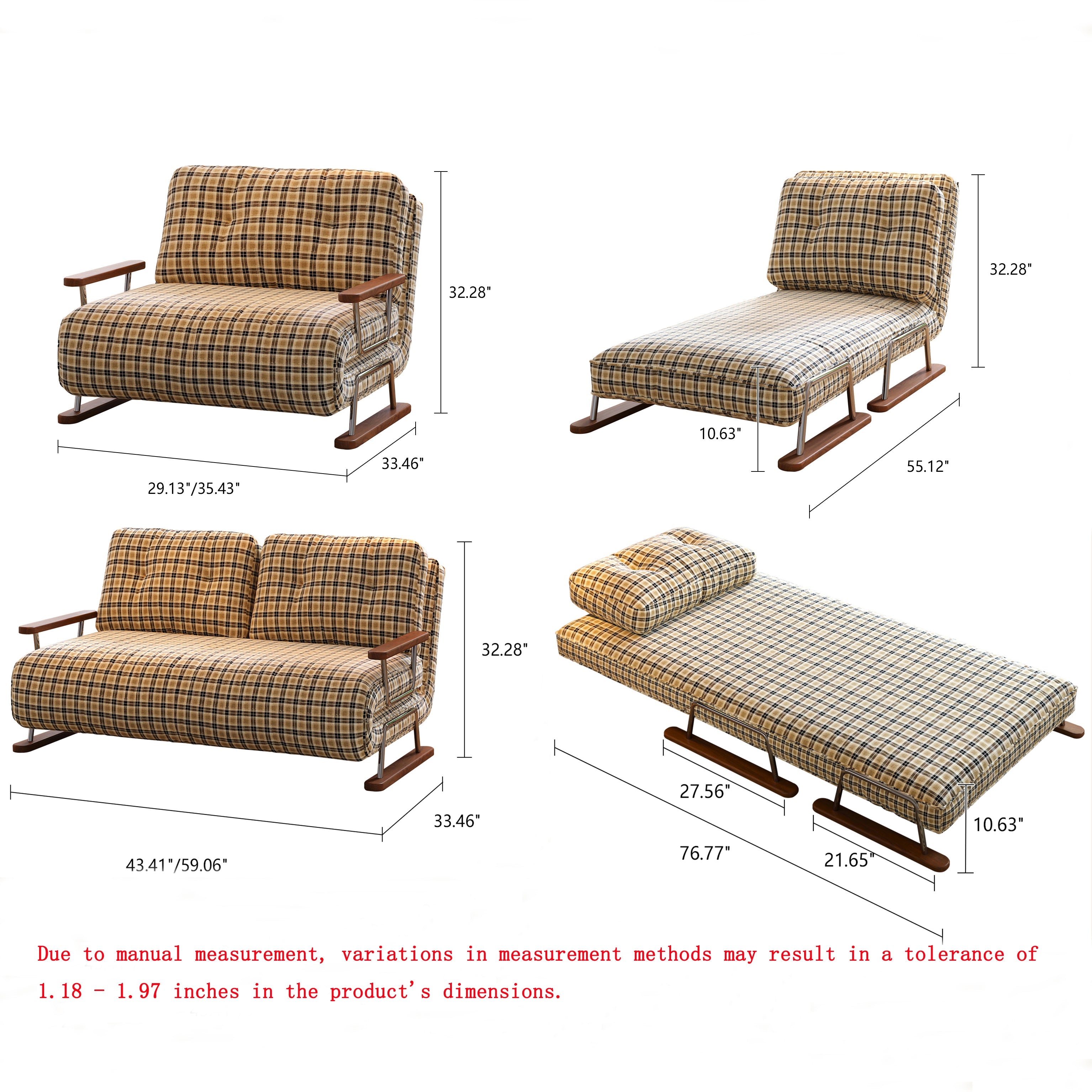 Checkered 4-in-1 Sleeper Sofa - Convertible Folding Chair Bed, Tartan & Woolen Fabric Options