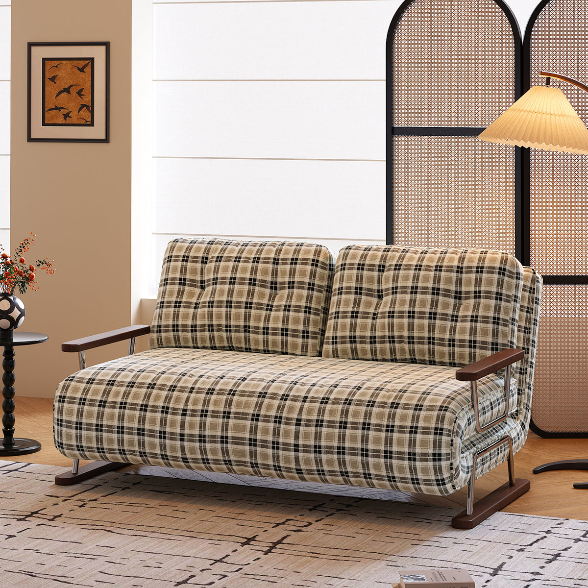 Checkered 4-in-1 Sleeper Sofa - Convertible Folding Chair Bed, Tartan & Woolen Fabric Options