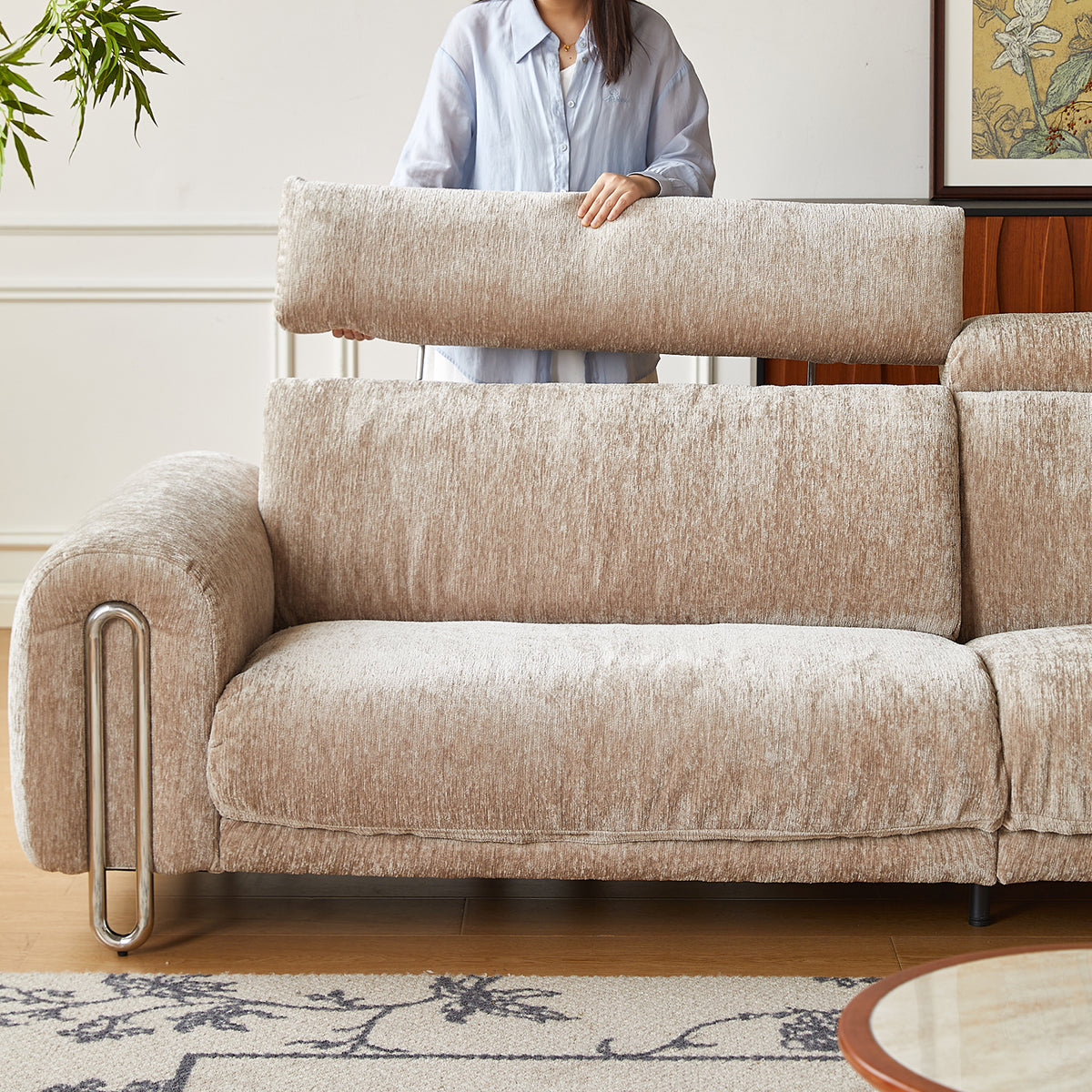 WEHOMZ Chenille Lounge Sofa in Light Mocha, Vintage Green & Deep Blue with Adjustable Headrest