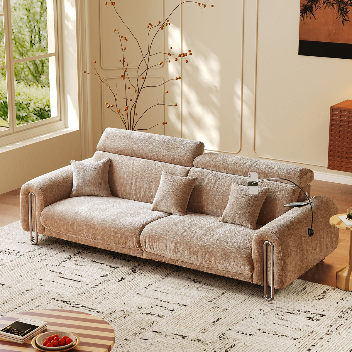 WEHOMZ Chenille Lounge Sofa in Light Mocha, Vintage Green & Deep Blue with Adjustable Headrest