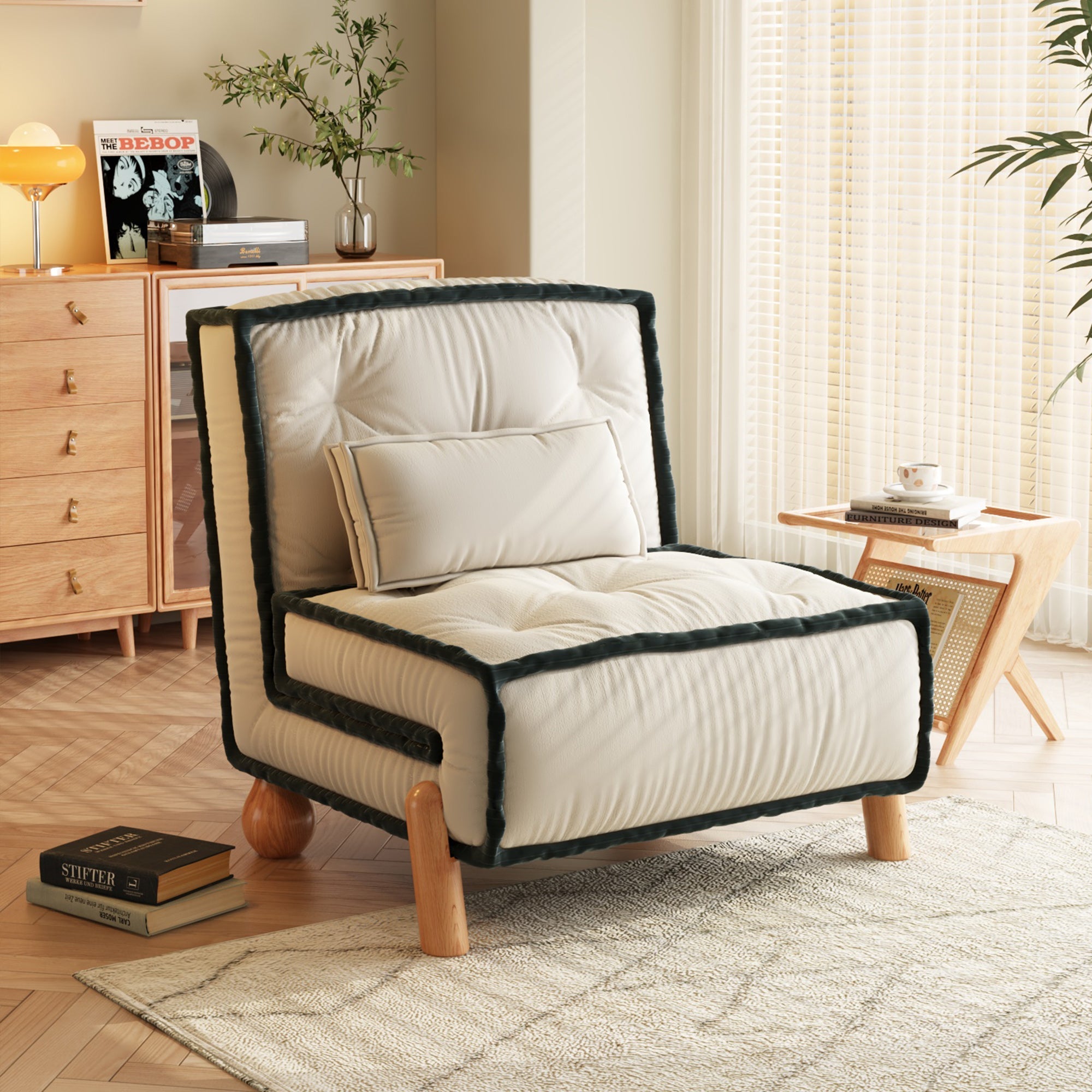 Convertible Armless Sleeper Sofa Bed Single Chair with Solid Wood Legs