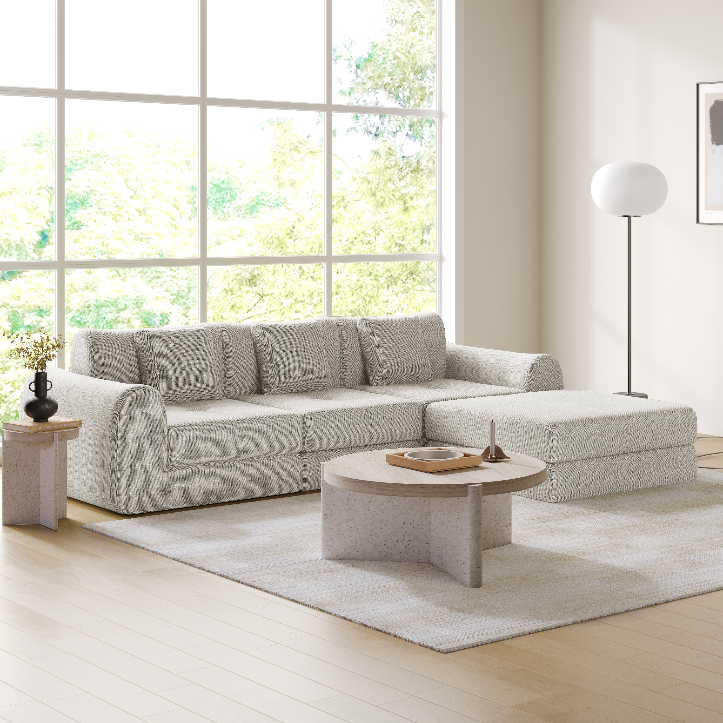 WEHOMZ Modern Convertible & Modular Sofa Bed in Corduroy Off-White/Green