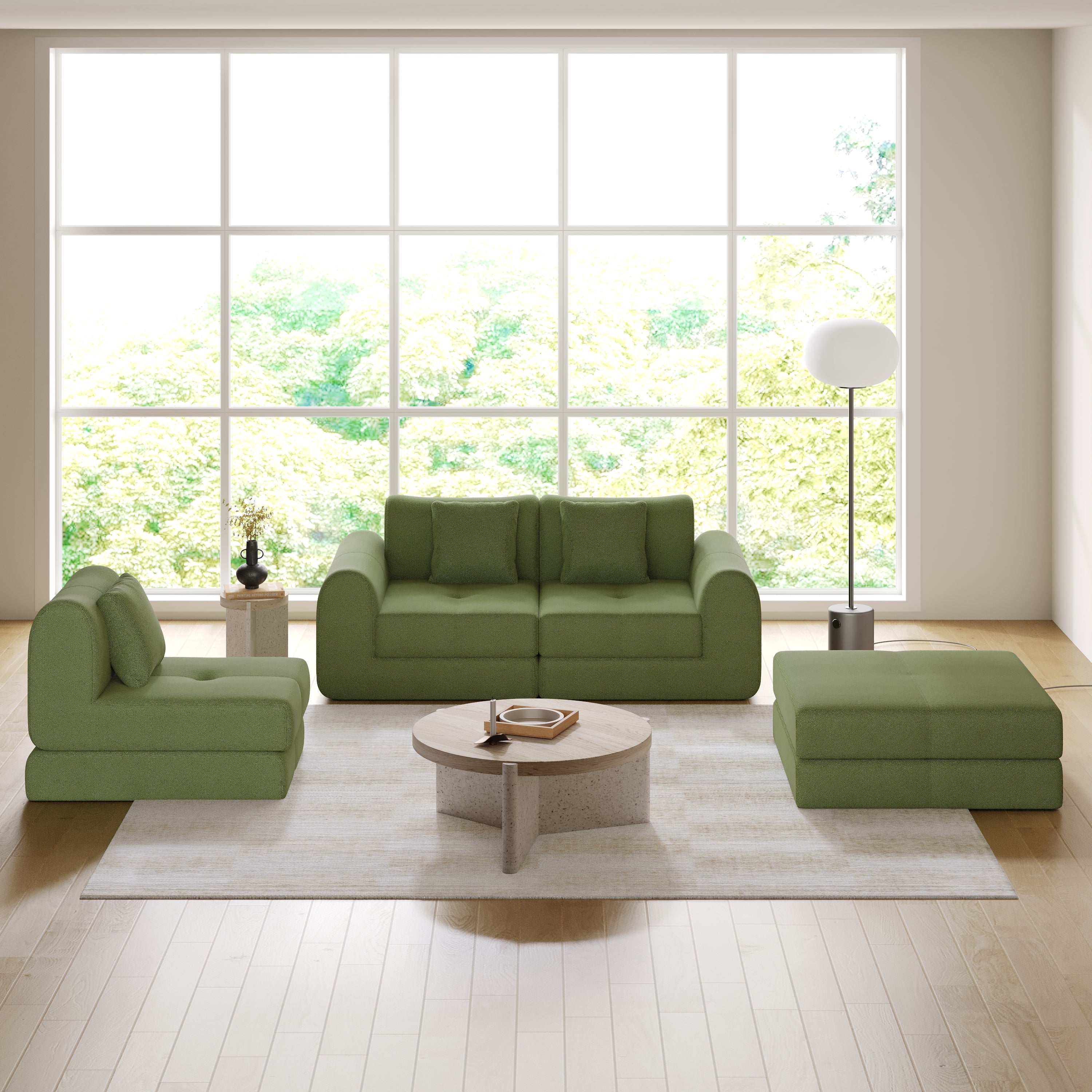 WEHOMZ Modern Convertible & Modular Sofa Bed in Corduroy Off-White/Green