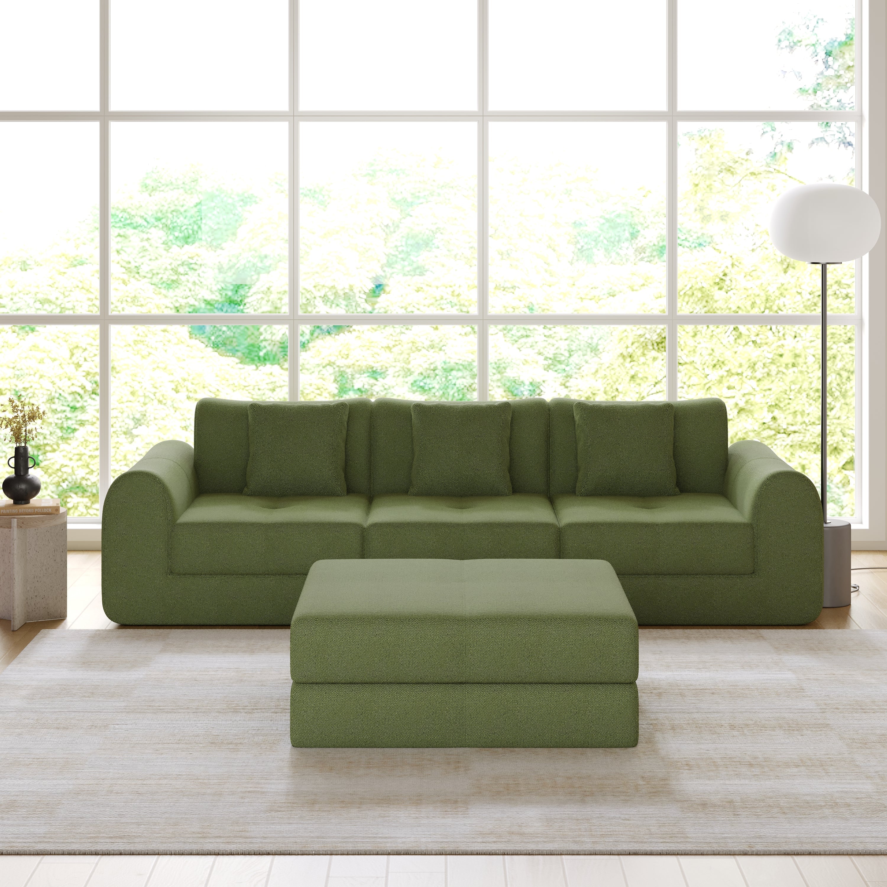 WEHOMZ Modern Convertible & Modular Sofa Bed in Corduroy Off-White/Green