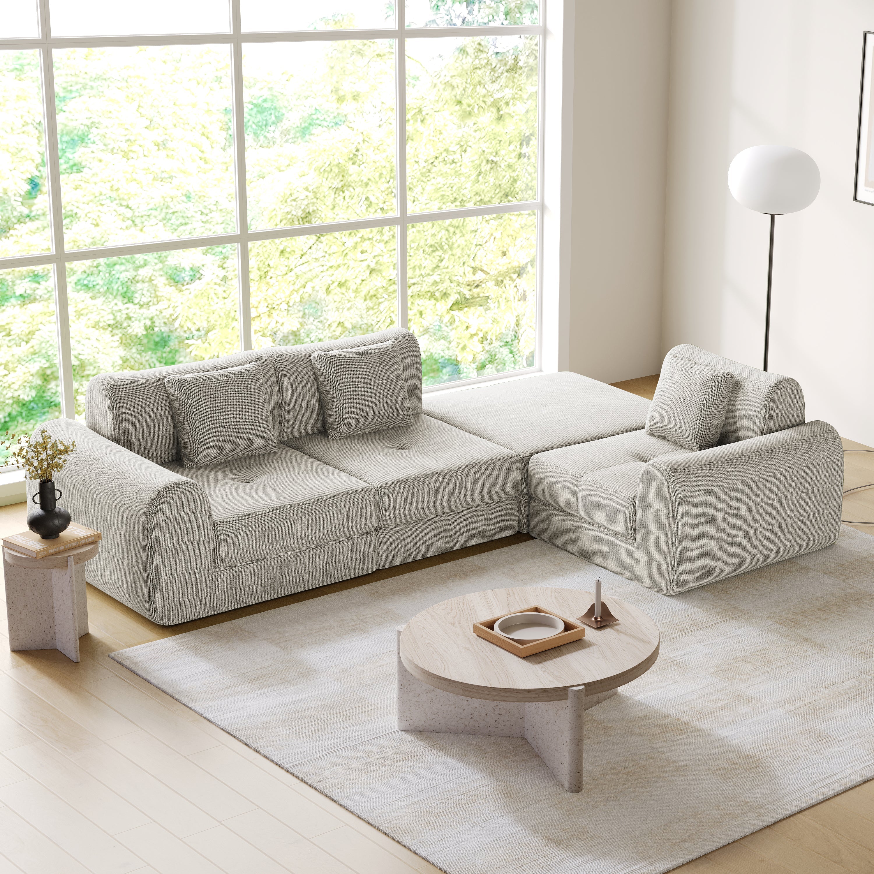WEHOMZ Modern Convertible & Modular Sofa Bed in Corduroy Off-White/Green