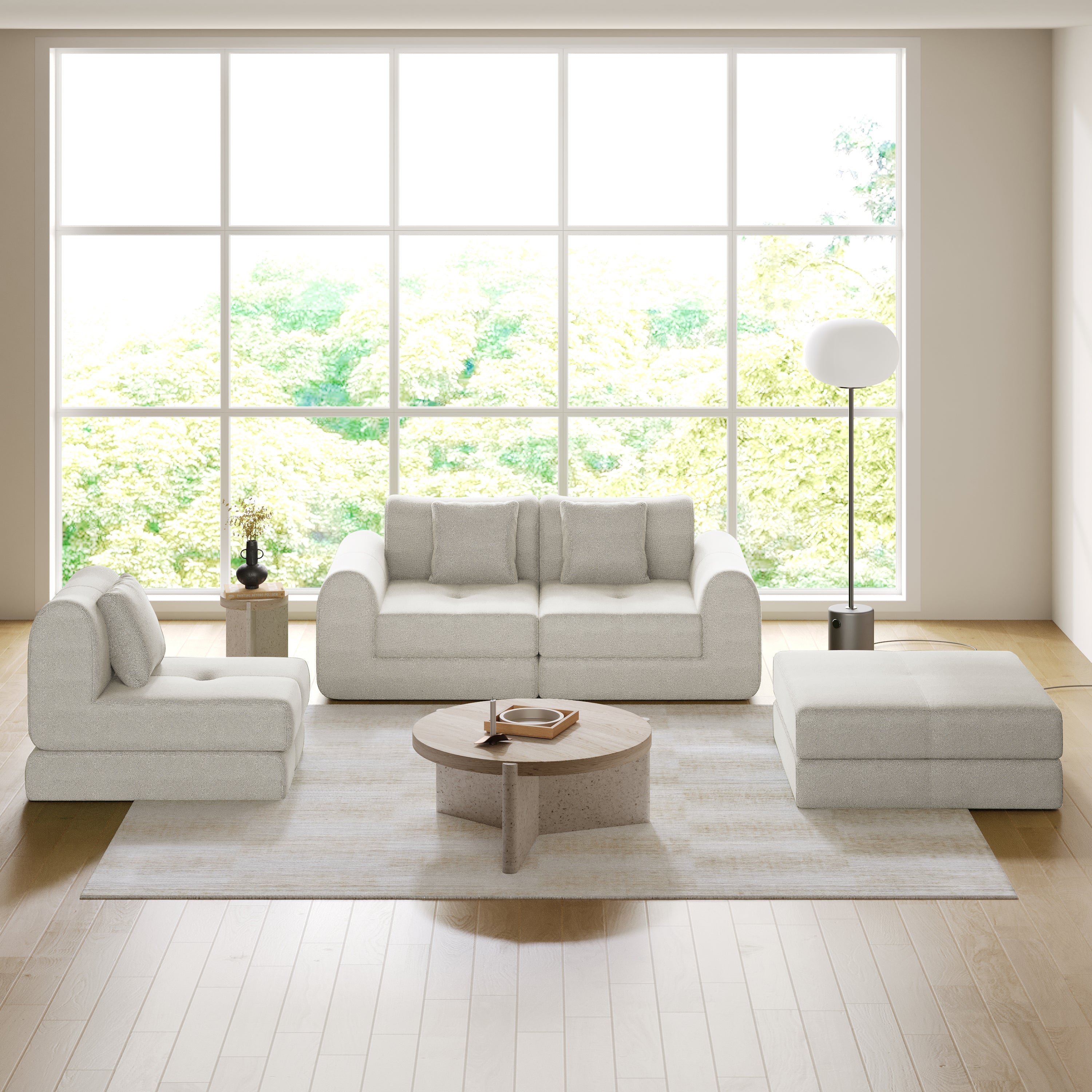WEHOMZ Modern Convertible & Modular Sofa Bed in Corduroy Off-White/Green