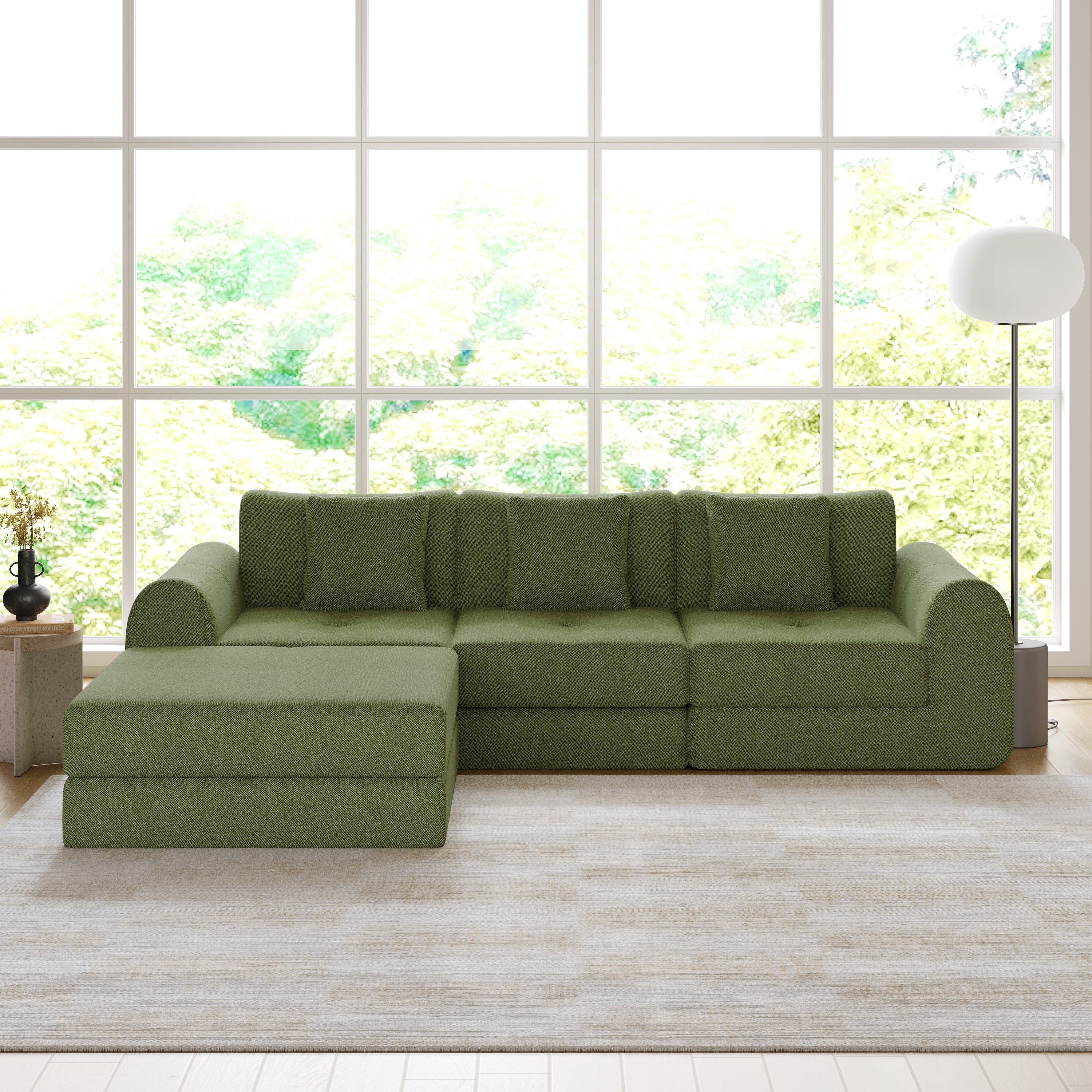 WEHOMZ Modern Convertible & Modular Sofa Bed in Corduroy Off-White/Green
