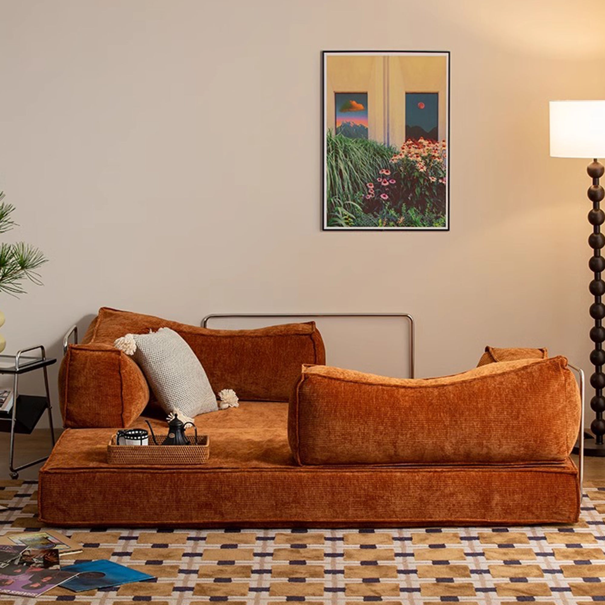 Corduroy Fabric Convertible Sofa Bed with Stainless Steel Frames in Caramel, Grey & Beige