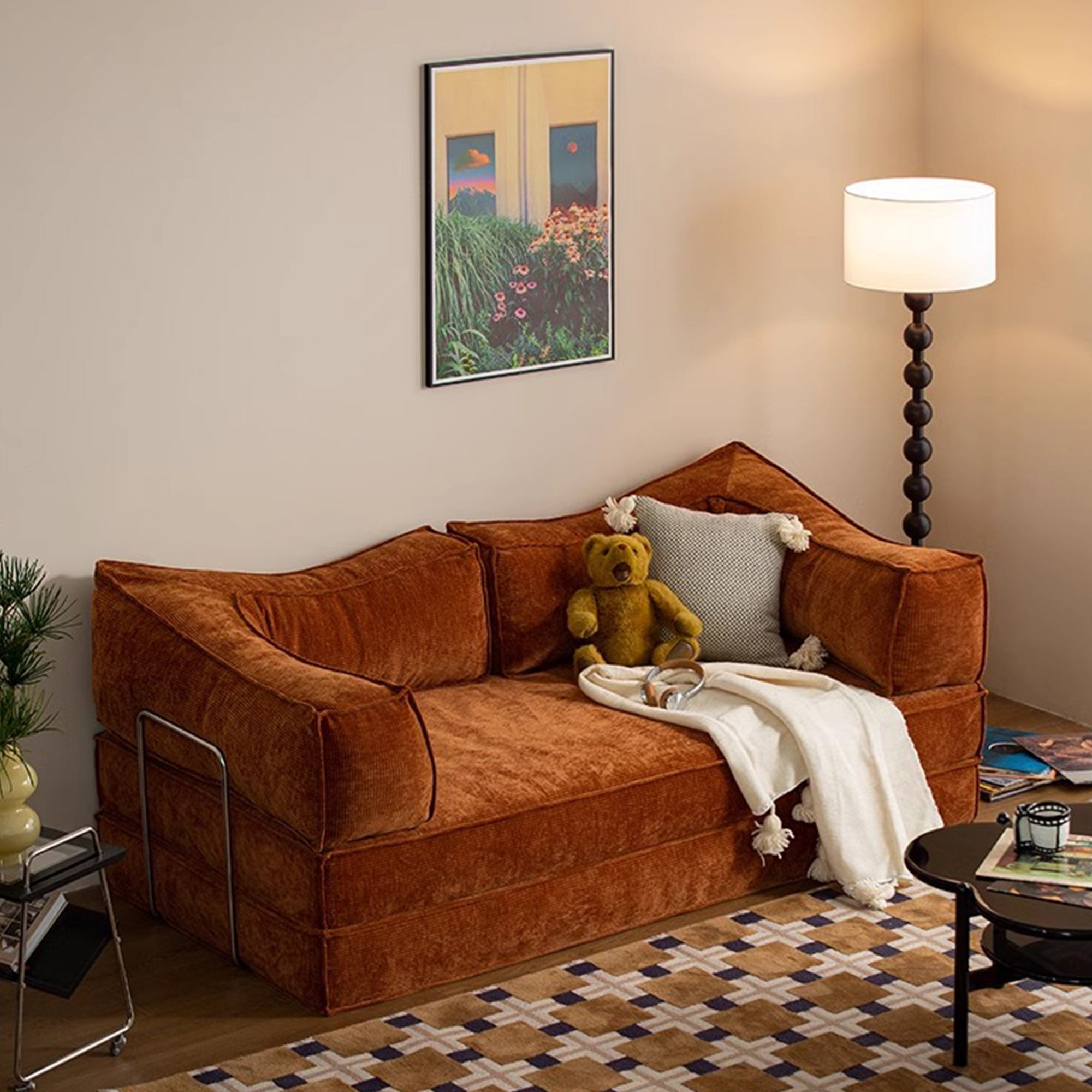Corduroy Fabric Convertible Sofa Bed with Stainless Steel Frames in Caramel, Grey & Beige