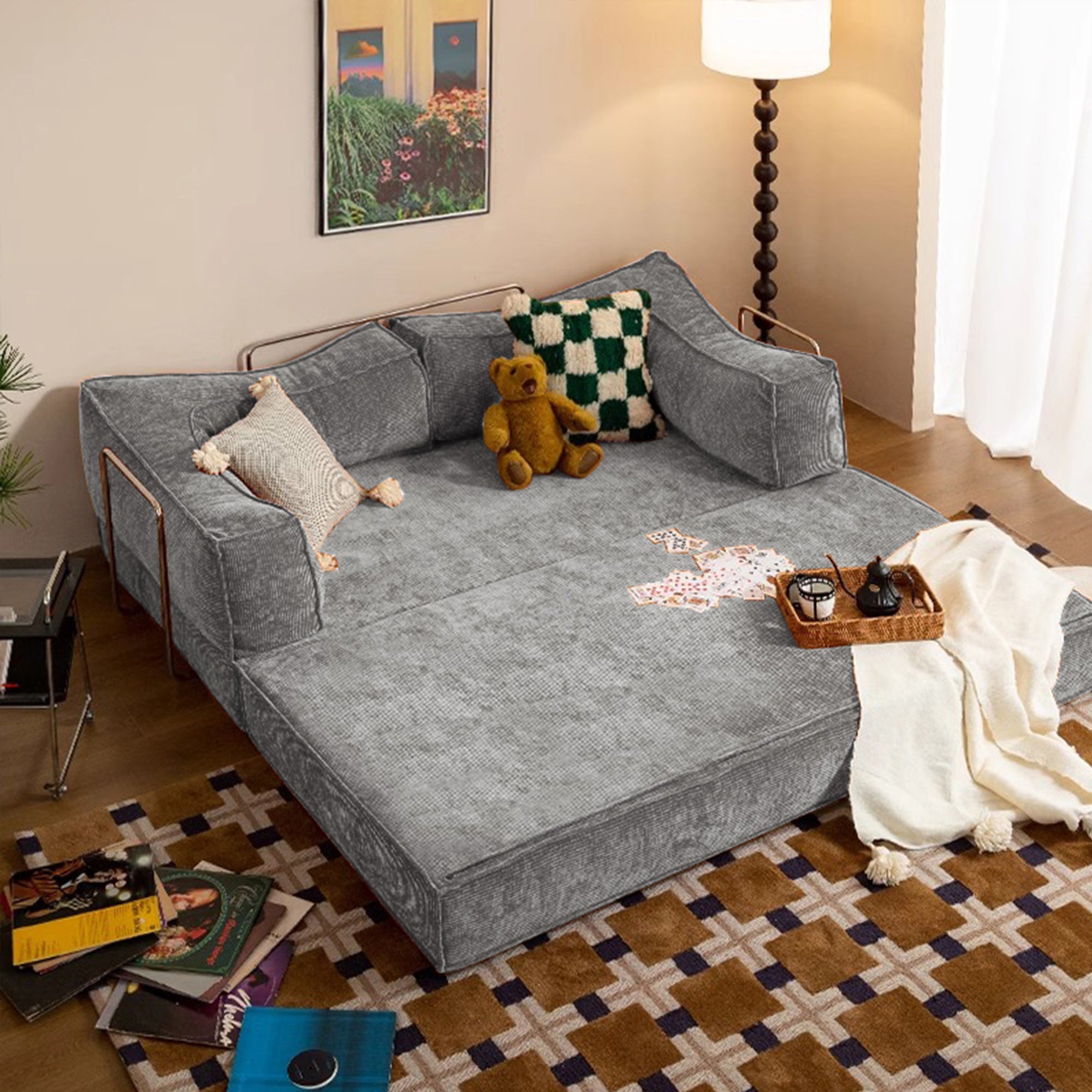 Corduroy Fabric Convertible Sofa Bed with Stainless Steel Frames in Caramel, Grey & Beige