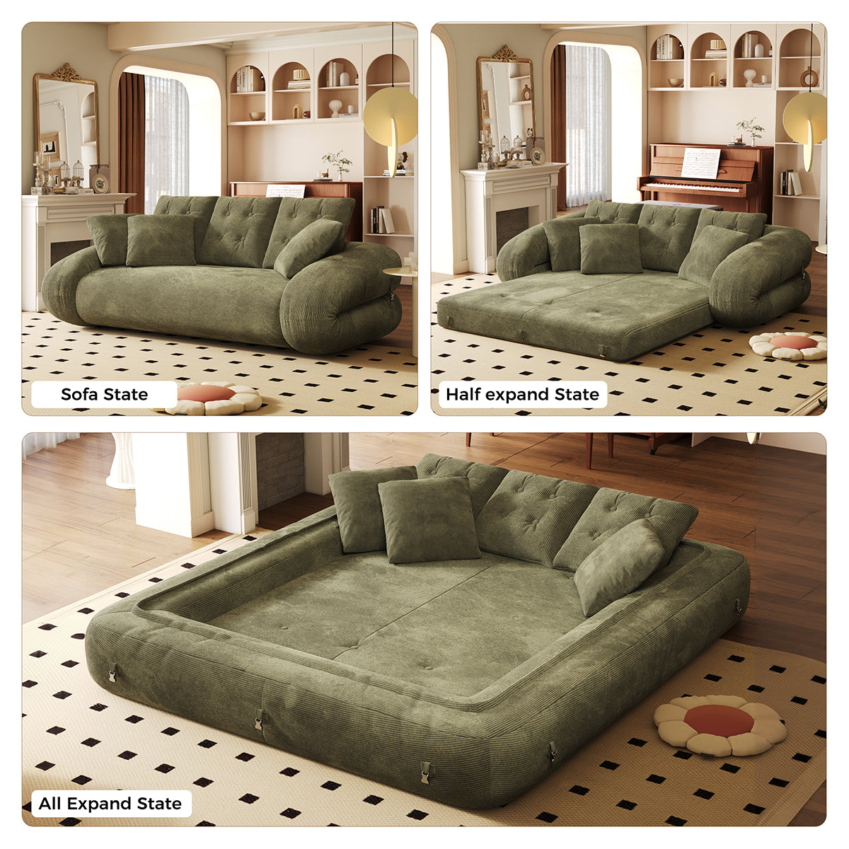 Corduroy Folding Sofa Bed - Versatile Pet-Friendly 3-in-1 Floor Couch in Brown & Green
