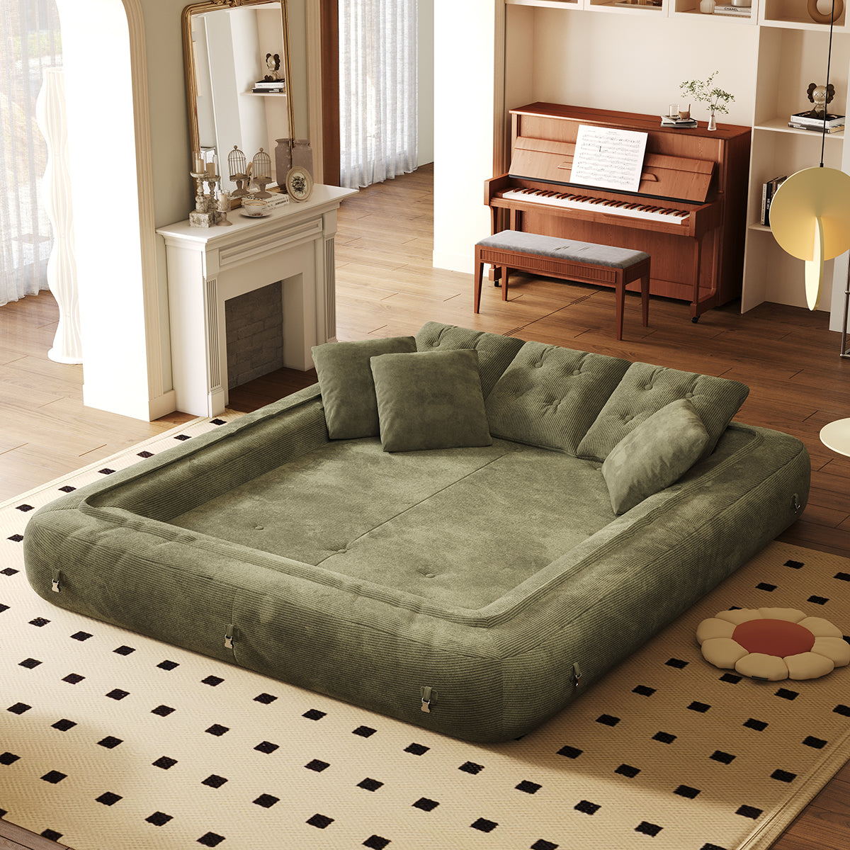 Corduroy Folding Sofa Bed - Versatile Pet-Friendly 3-in-1 Floor Couch in Brown & Green