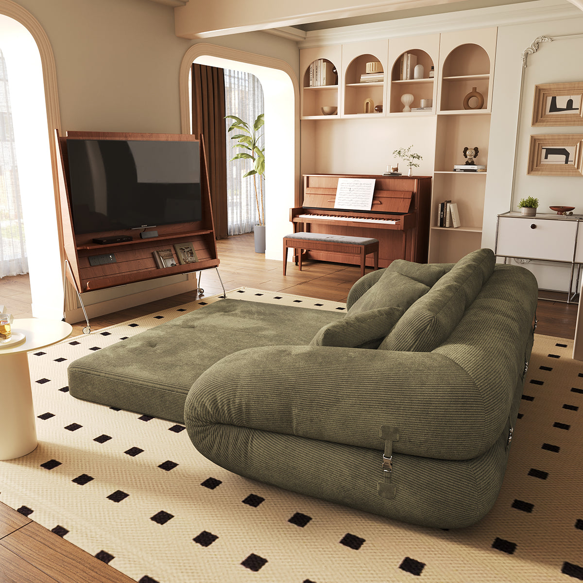 Corduroy Folding Sofa Bed - Versatile Pet-Friendly 3-in-1 Floor Couch in Brown & Green