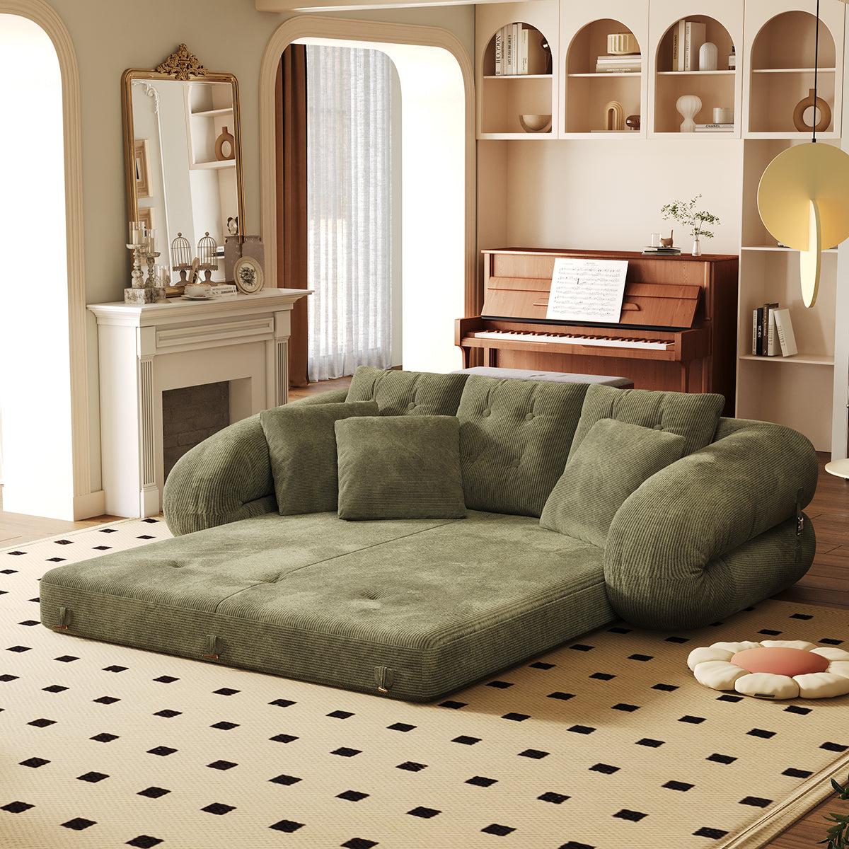 Corduroy Folding Sofa Bed - Versatile Pet-Friendly 3-in-1 Floor Couch in Brown & Green