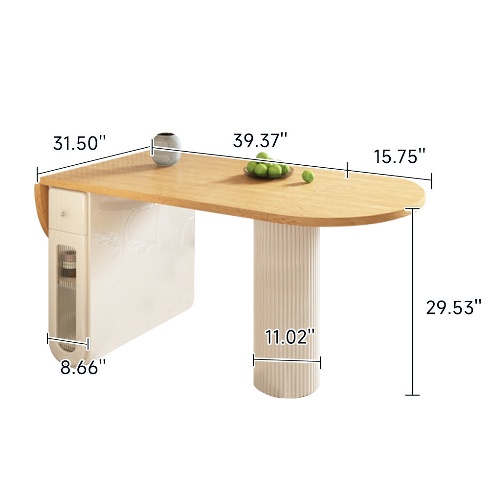 Oval Foldable Dining Table with Storage in Creamy Burlywood - Double Pedestal Wood