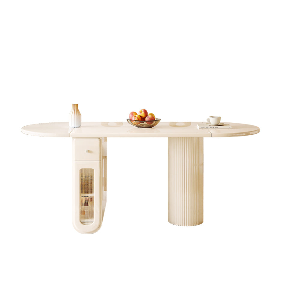 Oval Foldable Dining Table with Storage in Creamy Burlywood - Double Pedestal Wood