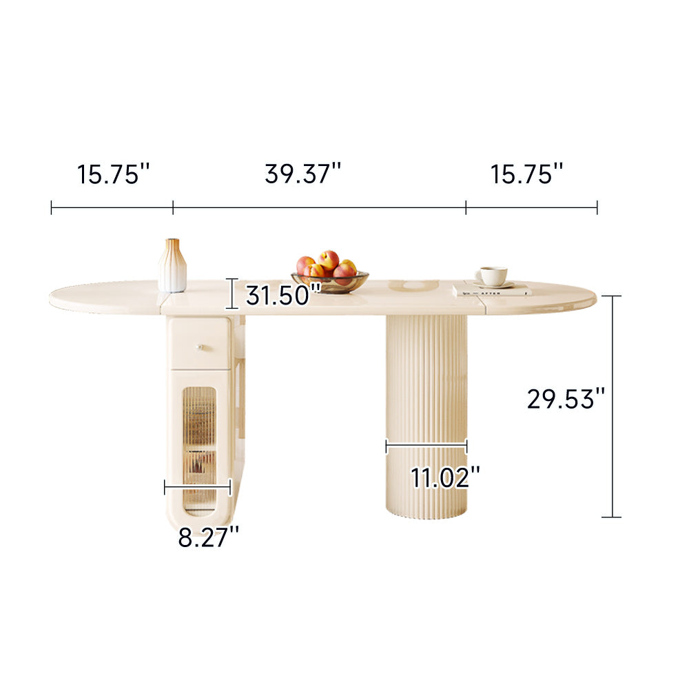Oval Foldable Dining Table with Storage in Creamy Burlywood - Double Pedestal Wood