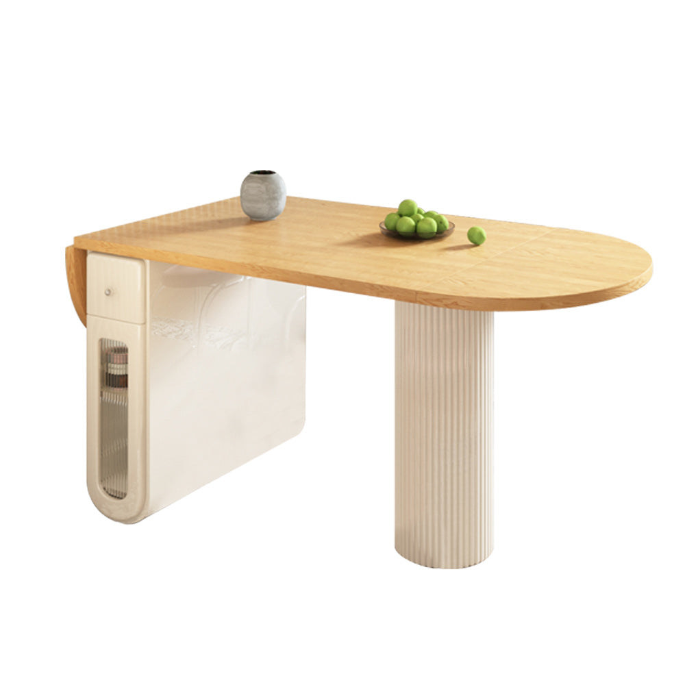 Oval Foldable Dining Table with Storage in Creamy Burlywood - Double Pedestal Wood