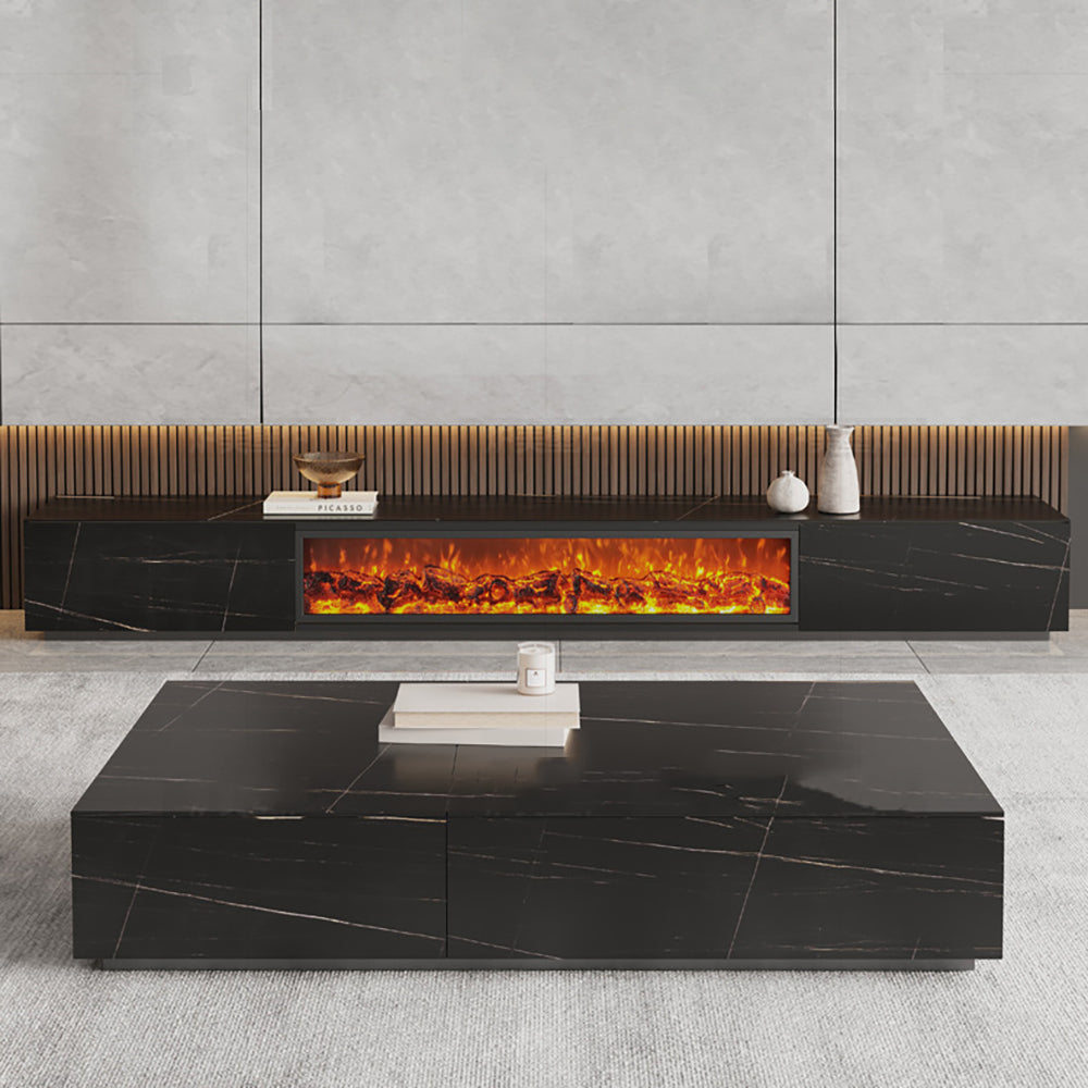 Modern Electric Fireplace TV Stand with Wood Storage, 2 Drawers, Solid Wood & Rock Panel, White/Black