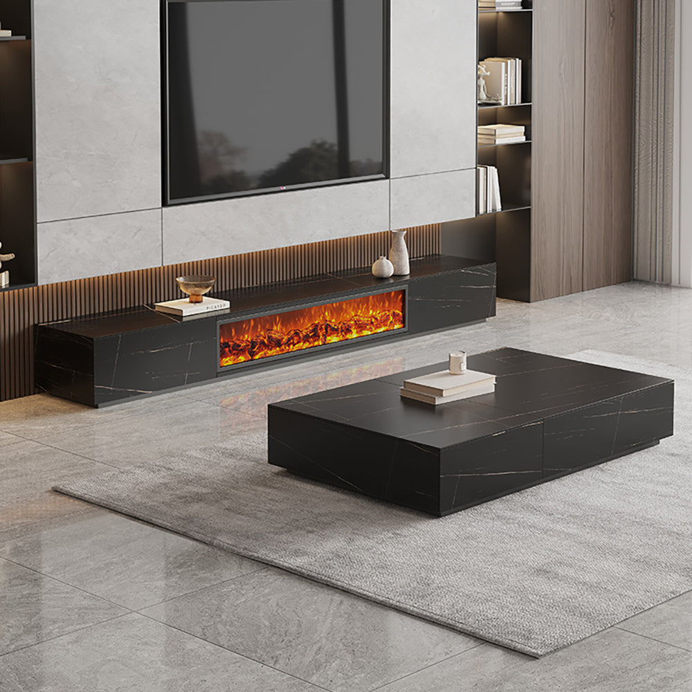 Modern Electric Fireplace TV Stand with Wood Storage, 2 Drawers, Solid Wood & Rock Panel, White/Black