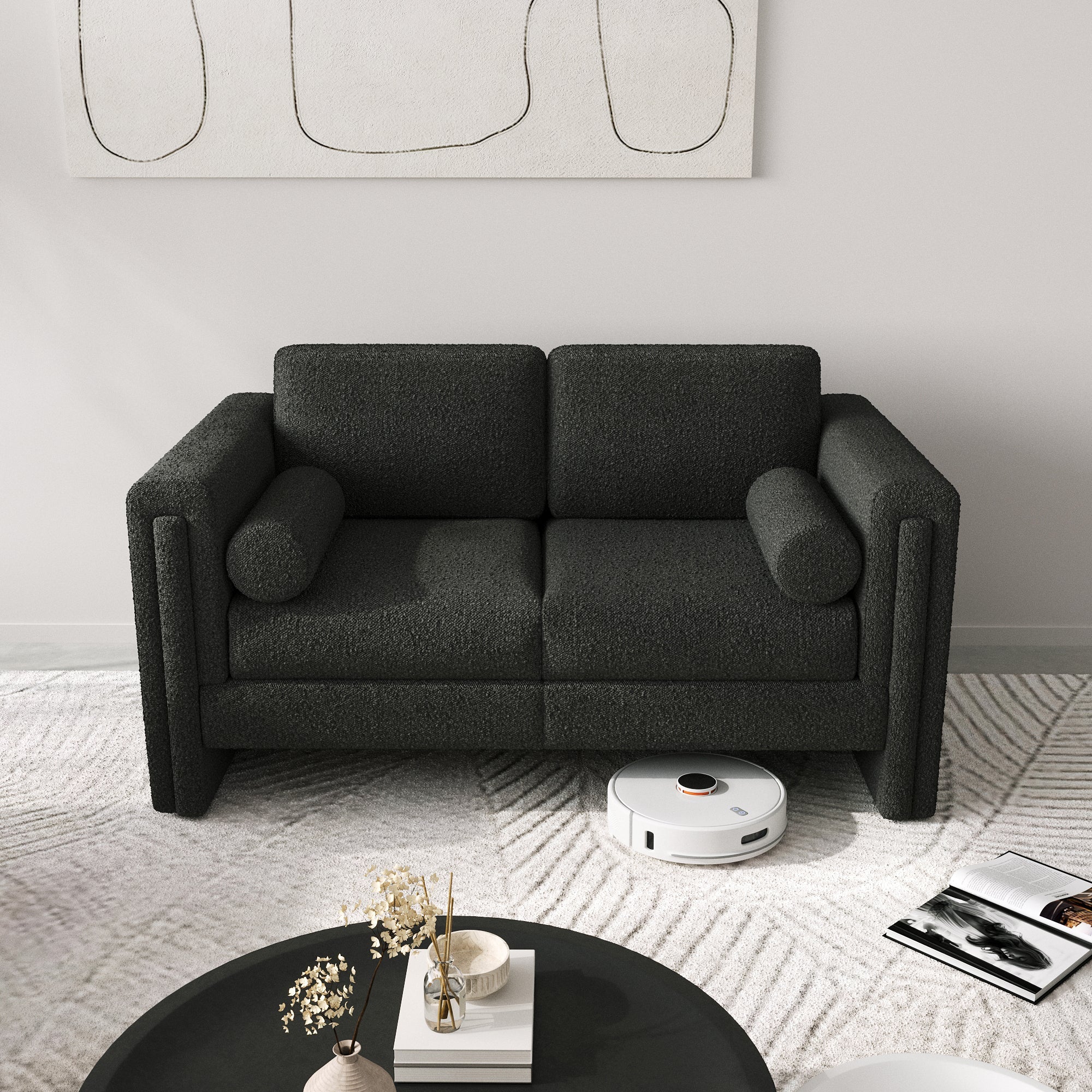 Elegant Modern Loveseat: Two-Seater Upholstered Sofa in Teddy Velvet or Cotton & Linen - Beige & Black