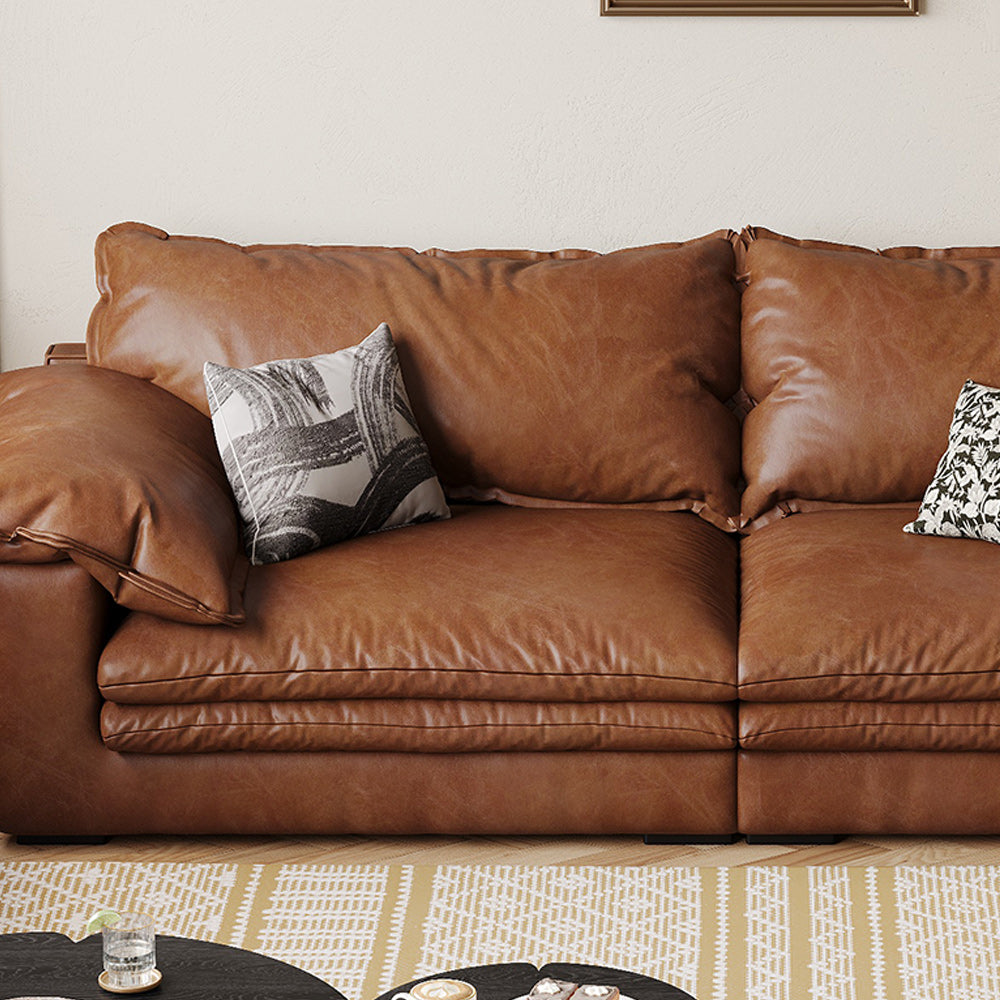 Vintage Brown Faux Leather Sofa with Wooden Frame & Soft Cushions