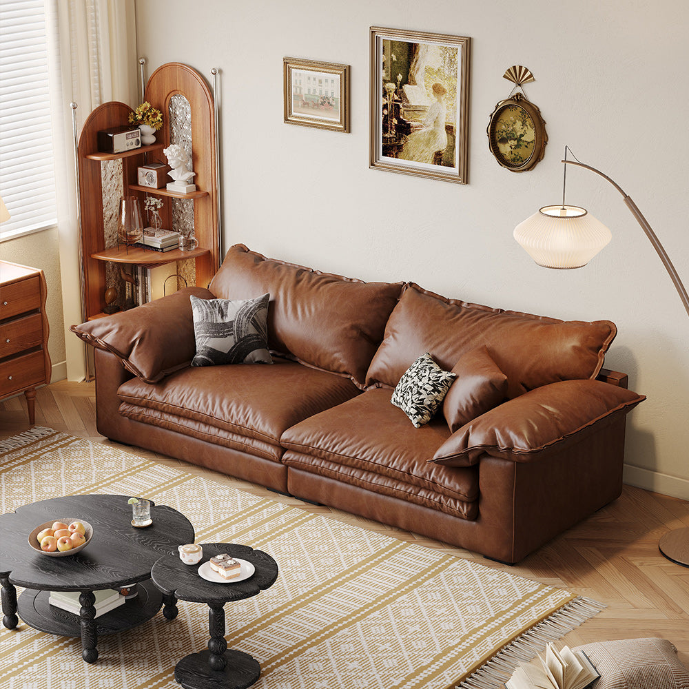Vintage Brown Faux Leather Sofa with Wooden Frame & Soft Cushions