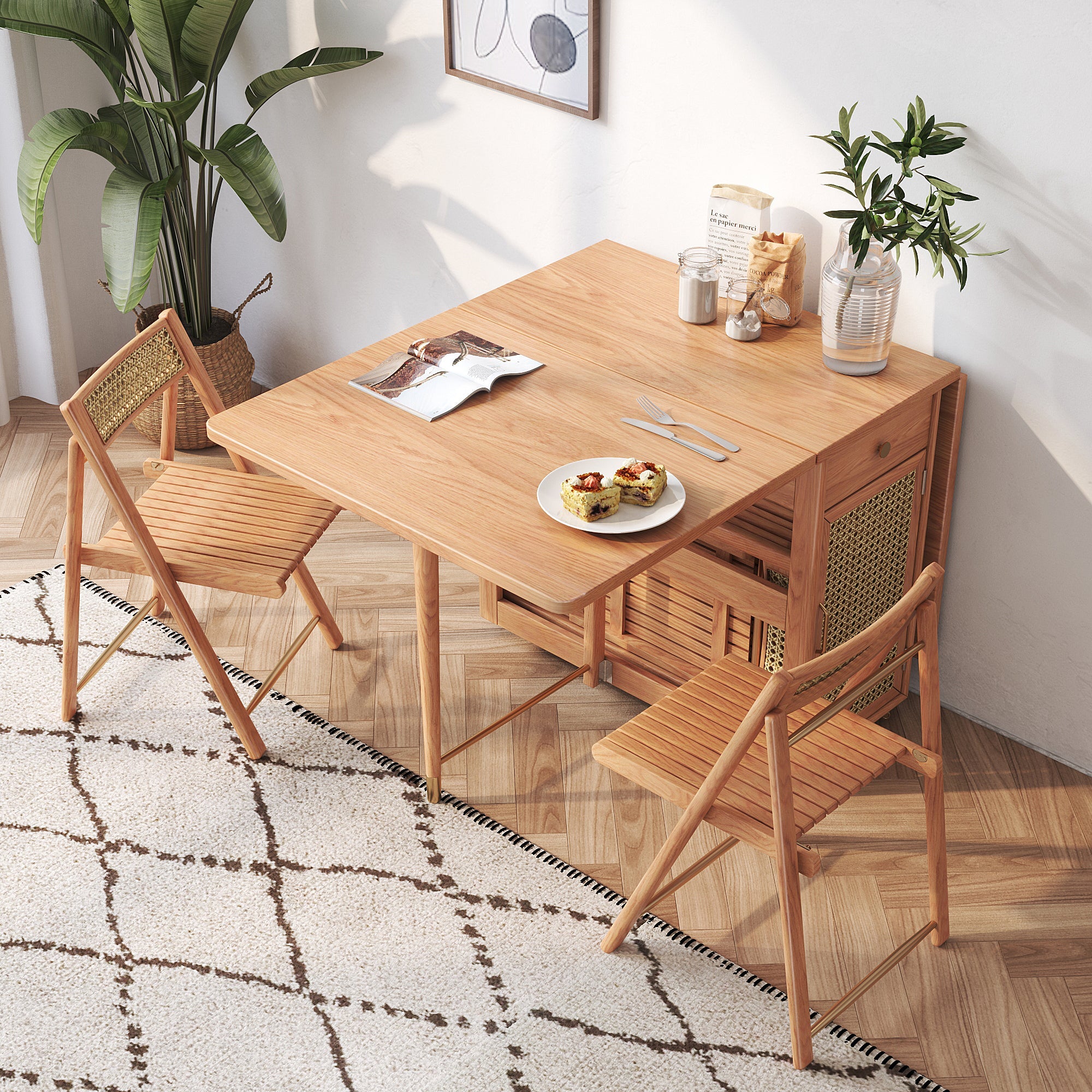 Foldable Solid Wood Dining Table & Chairs Set with Storage - Burlywood, Seats 6