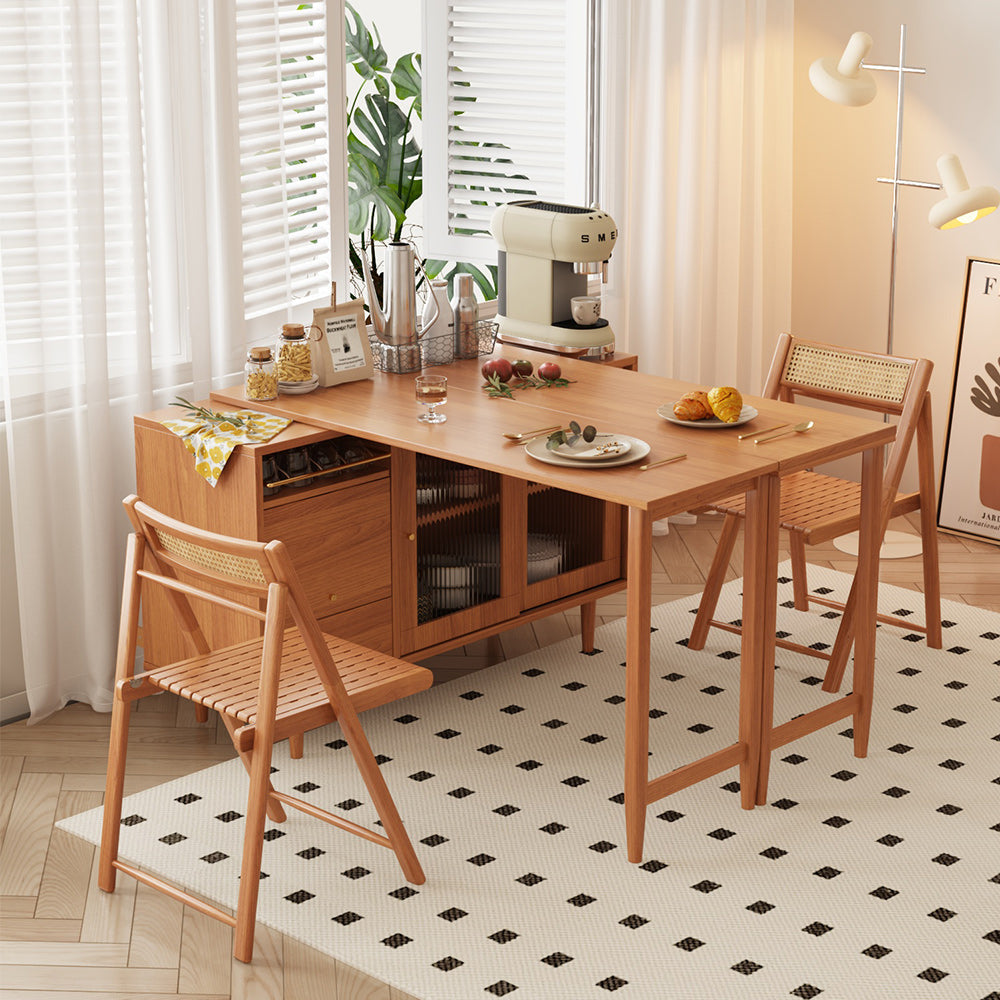 Modern Burlywood Folding Dining Table & Sideboard with Glass Doors & Storage