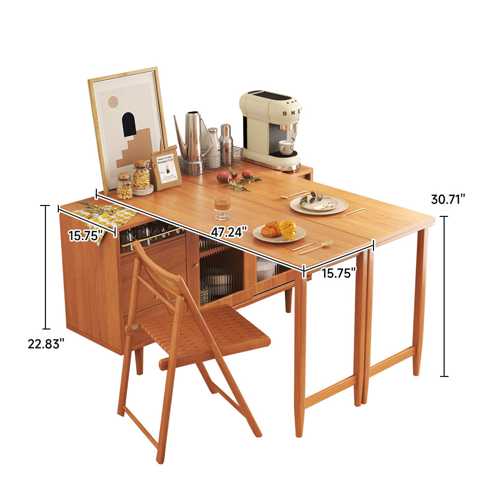 Modern Burlywood Folding Dining Table & Sideboard with Glass Doors & Storage