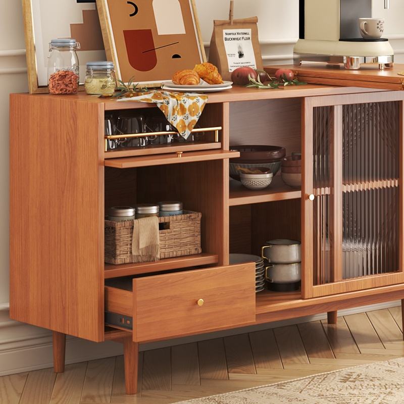 Modern Burlywood Folding Dining Table & Sideboard with Glass Doors & Storage