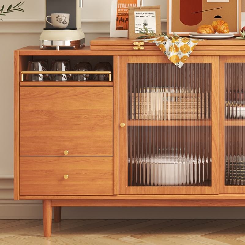 Modern Burlywood Folding Dining Table & Sideboard with Glass Doors & Storage