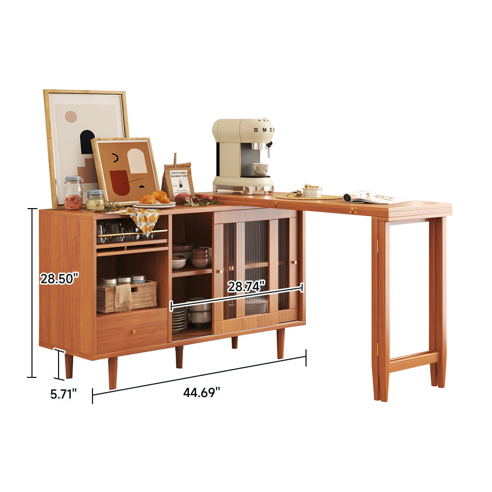Modern Burlywood Folding Dining Table & Sideboard with Glass Doors & Storage