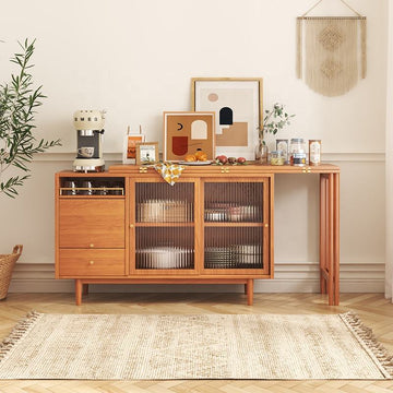 Modern Burlywood Folding Dining Table & Sideboard with Glass Doors & Storage