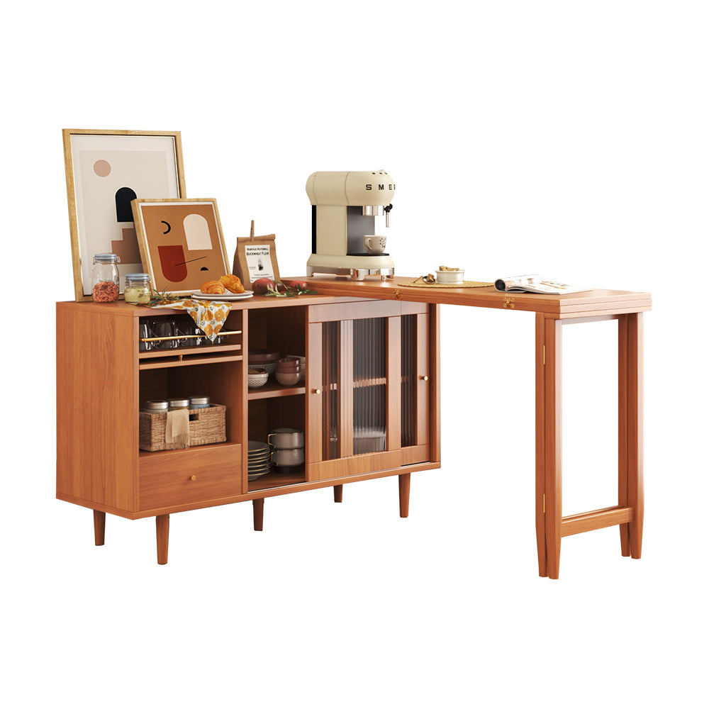 Modern Burlywood Folding Dining Table & Sideboard with Glass Doors & Storage