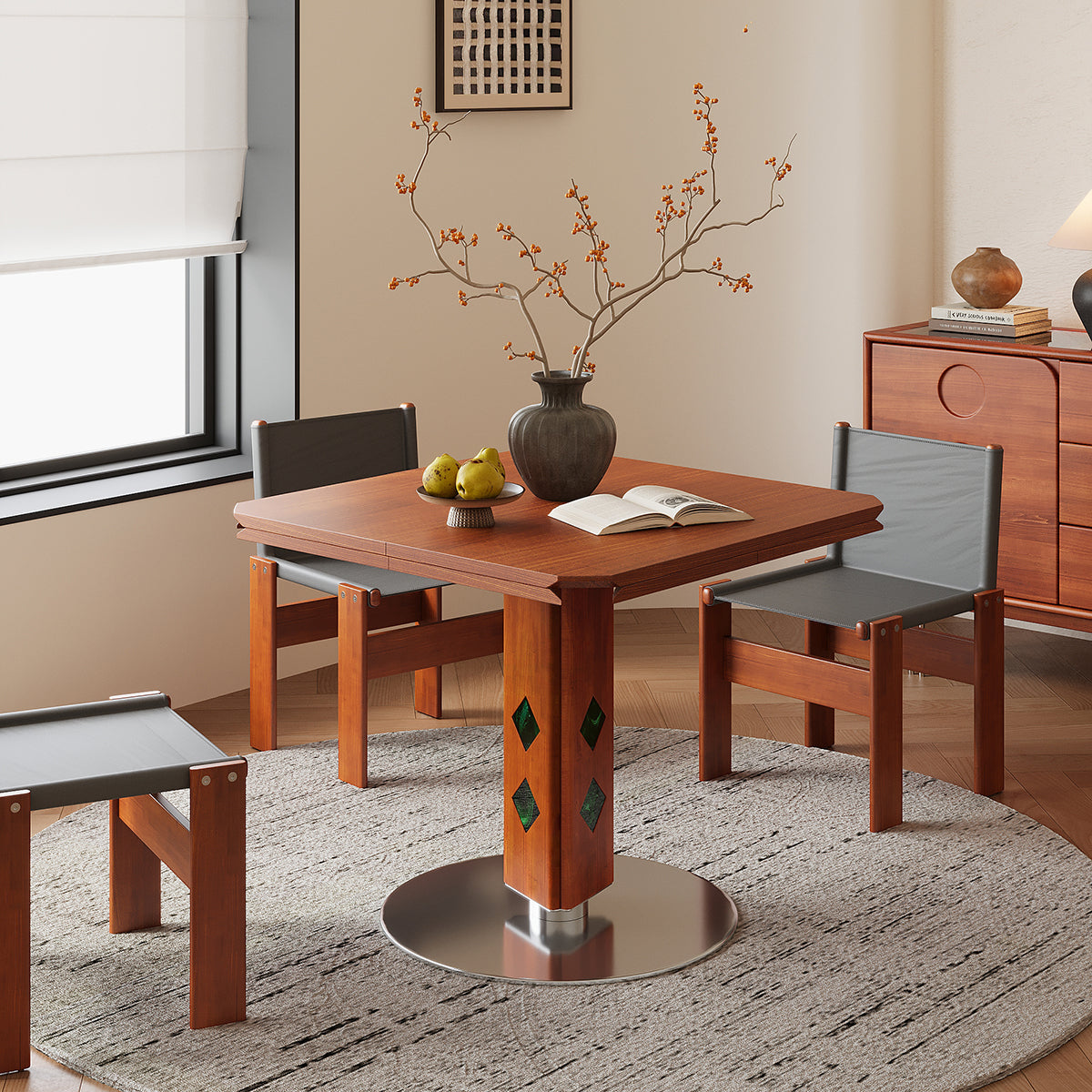 WEHOMZ French Vintage Round Foldable Dining Table with Solid Wood & Stainless Steel